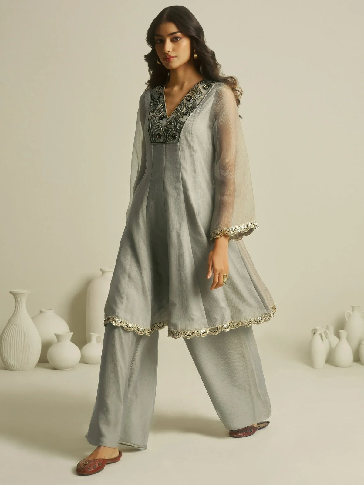 Grey embroidered kurta with palazzo pants, ethnic Indian wear for women