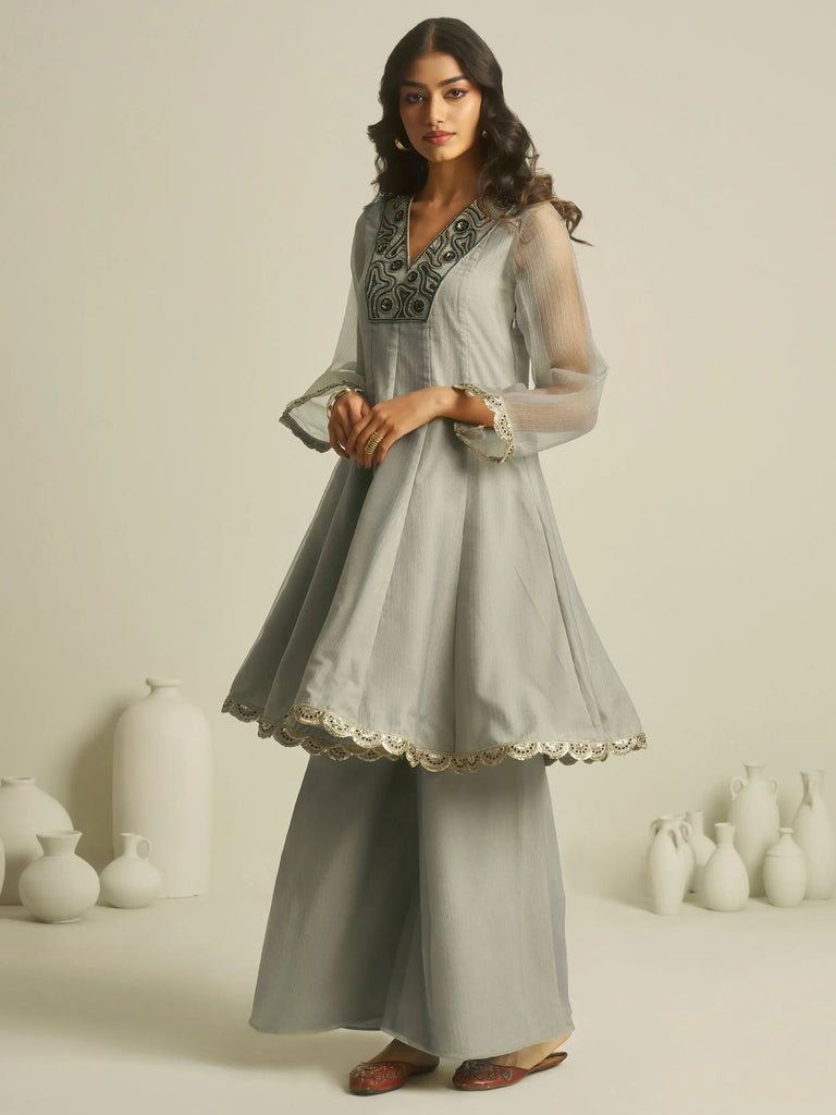 Gorgeous Grey Handwork Tissue Festive Wear Palazzo With Peplum Top