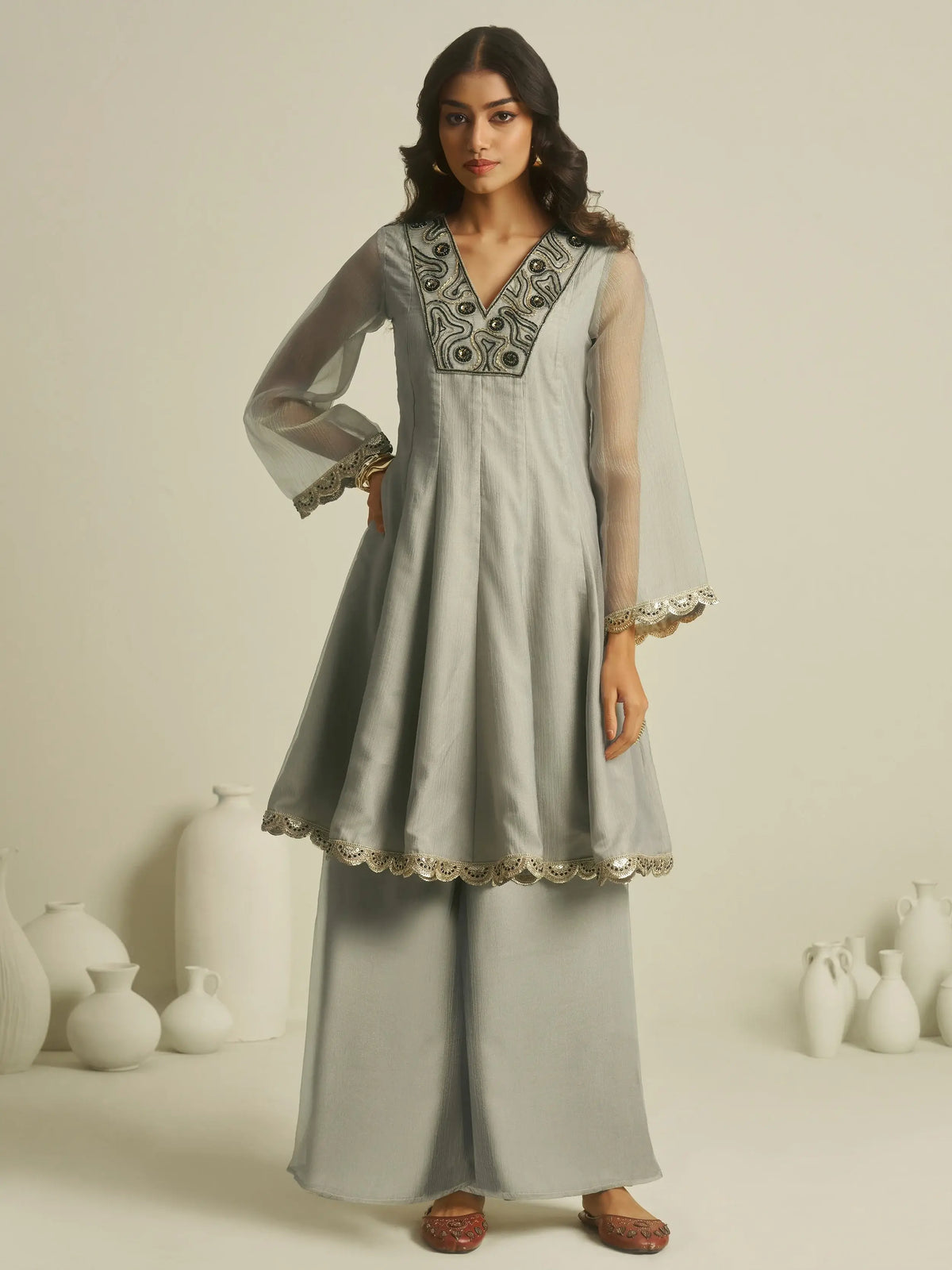 Gorgeous Grey Handwork Tissue Festive Wear Palazzo With Peplum Top
