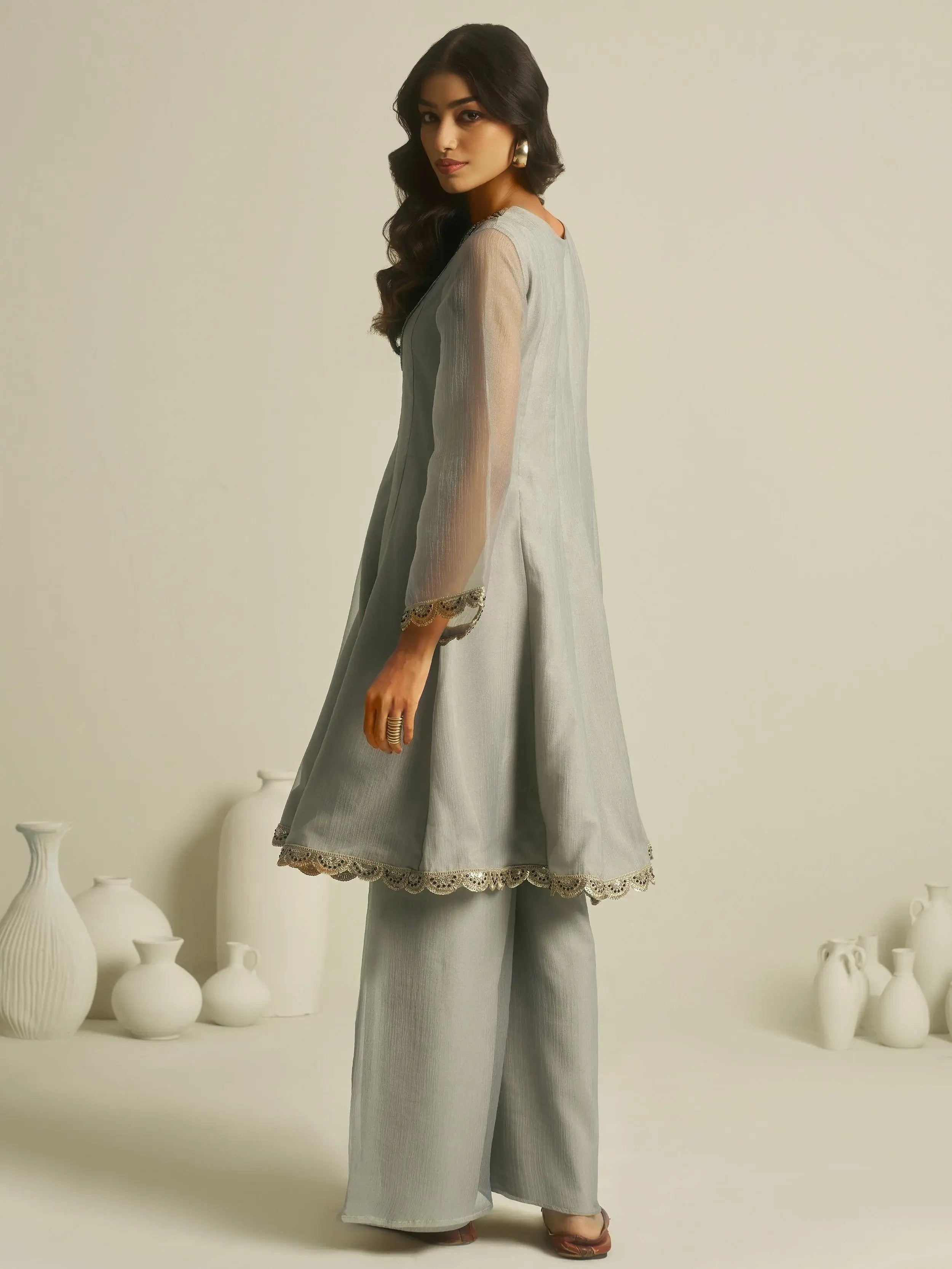 Gorgeous Grey Handwork Tissue Festive Wear Palazzo With Peplum Top