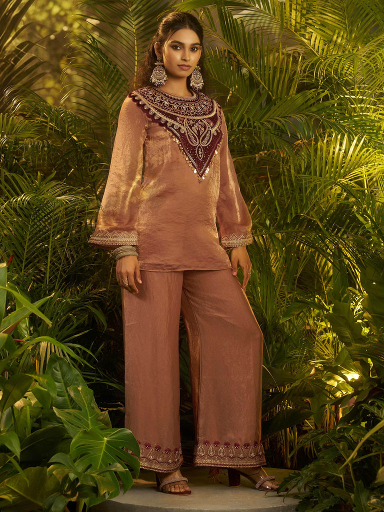 Stylish Brown Patch Work Organza Festive Wear Co-Ord Set