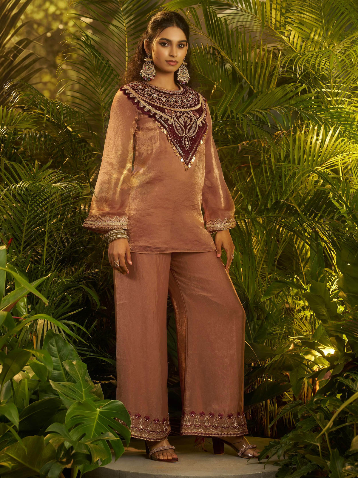 Stylish Brown Patch Work Organza Festive Wear Co-Ord Set