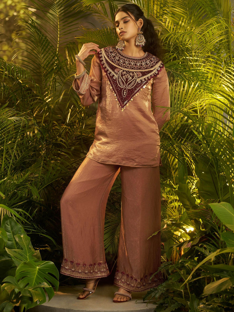 Stylish Brown Patch Work Organza Festive Wear Co-Ord Set