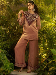 Stylish Brown Patch Work Organza Festive Wear Co-Ord Set