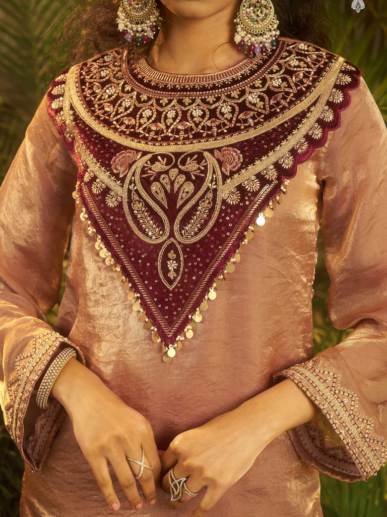 Stylish Brown Patch Work Organza Festive Wear Co-Ord Set