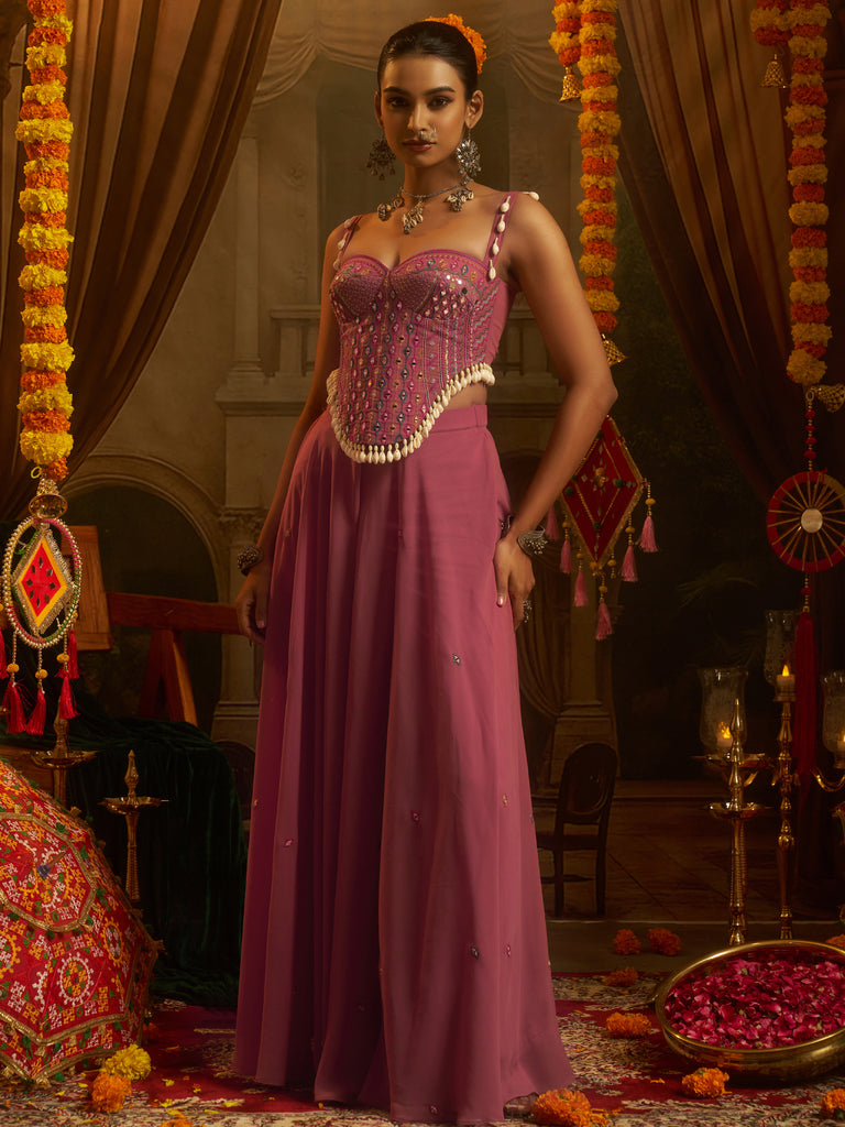 Gorgeous Pink Thread Work Georgette Navratri Corset Top With Palazzo