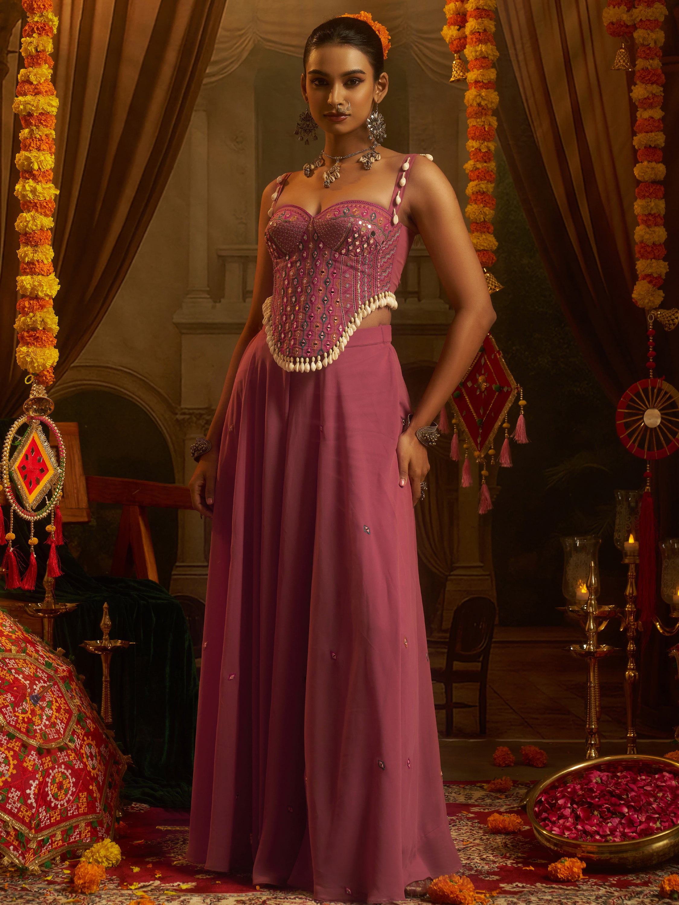 Gorgeous Pink Thread Work Georgette Navratri Corset Top With Palazzo