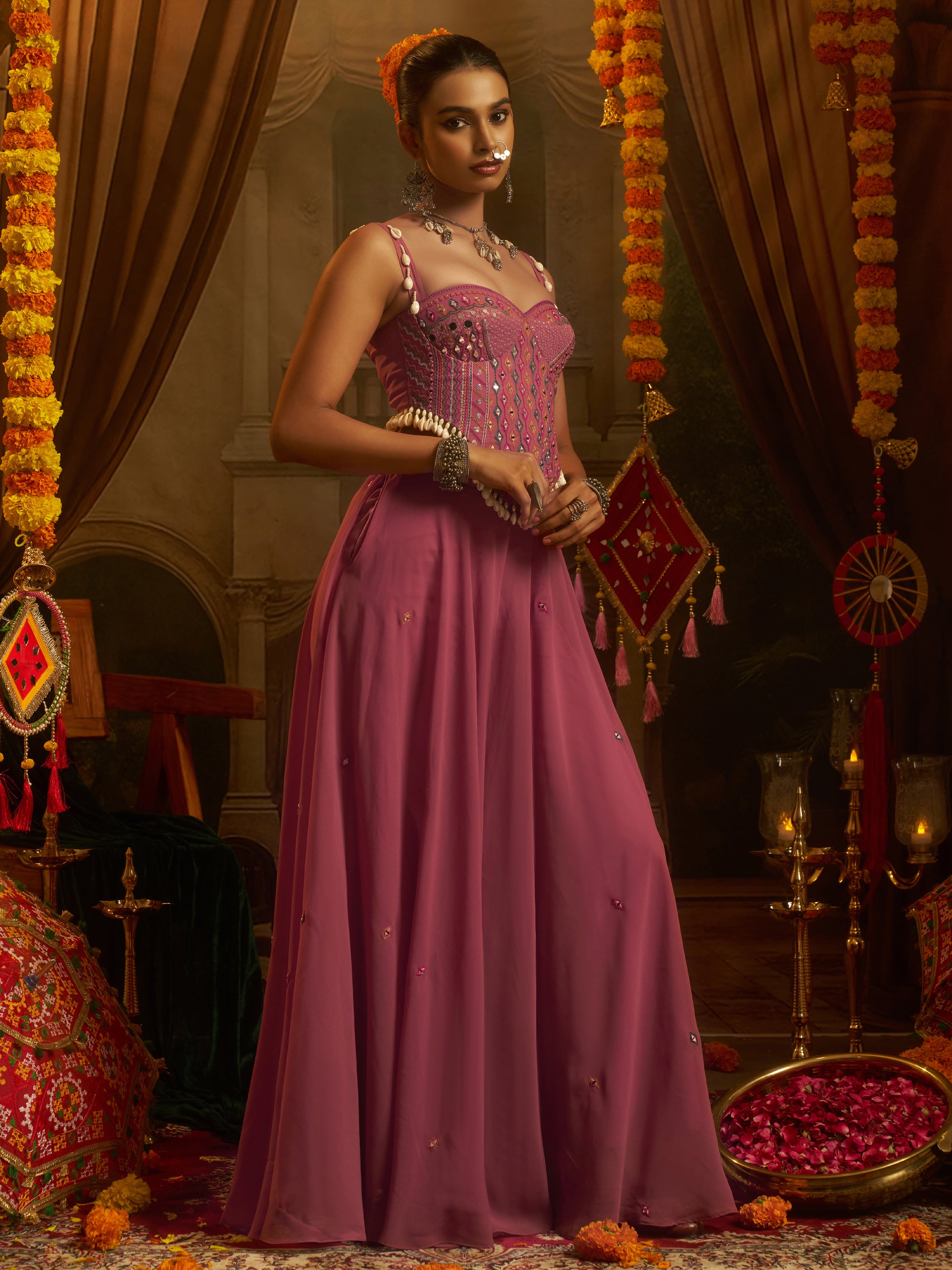 Gorgeous Pink Thread Work Georgette Navratri Corset Top With Palazzo