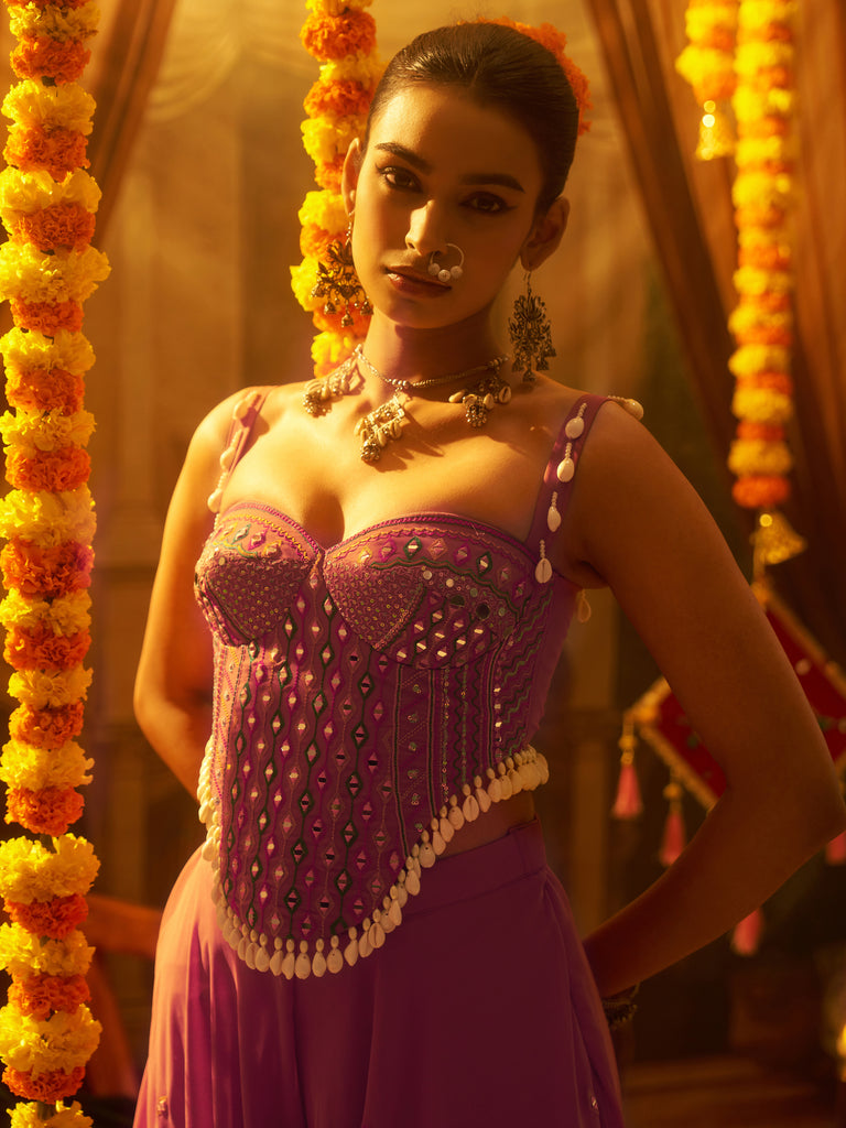 Gorgeous Pink Thread Work Georgette Navratri Corset Top With Palazzo