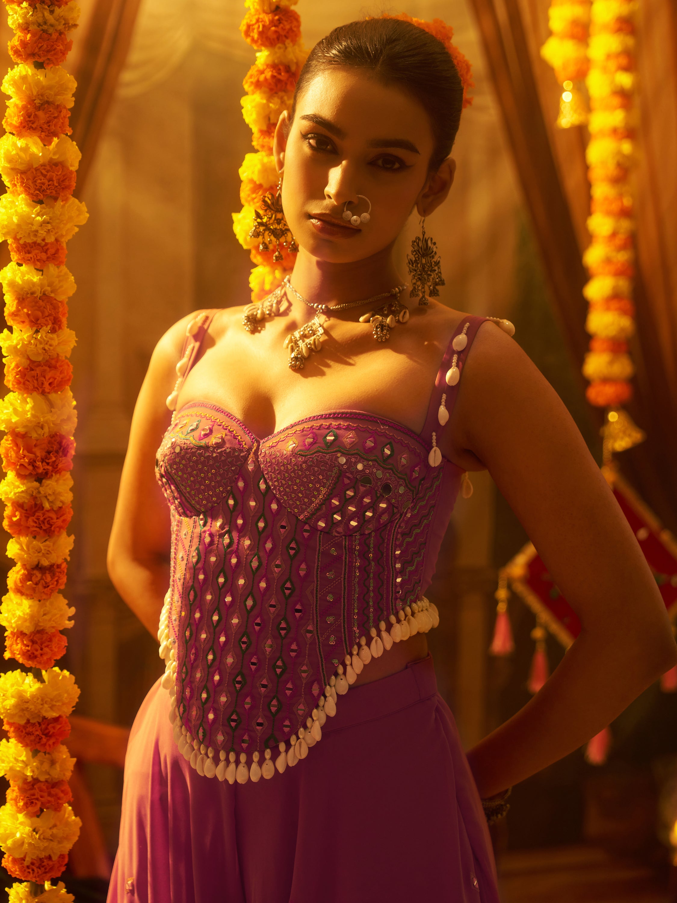 Gorgeous Pink Thread Work Georgette Navratri Corset Top With Palazzo