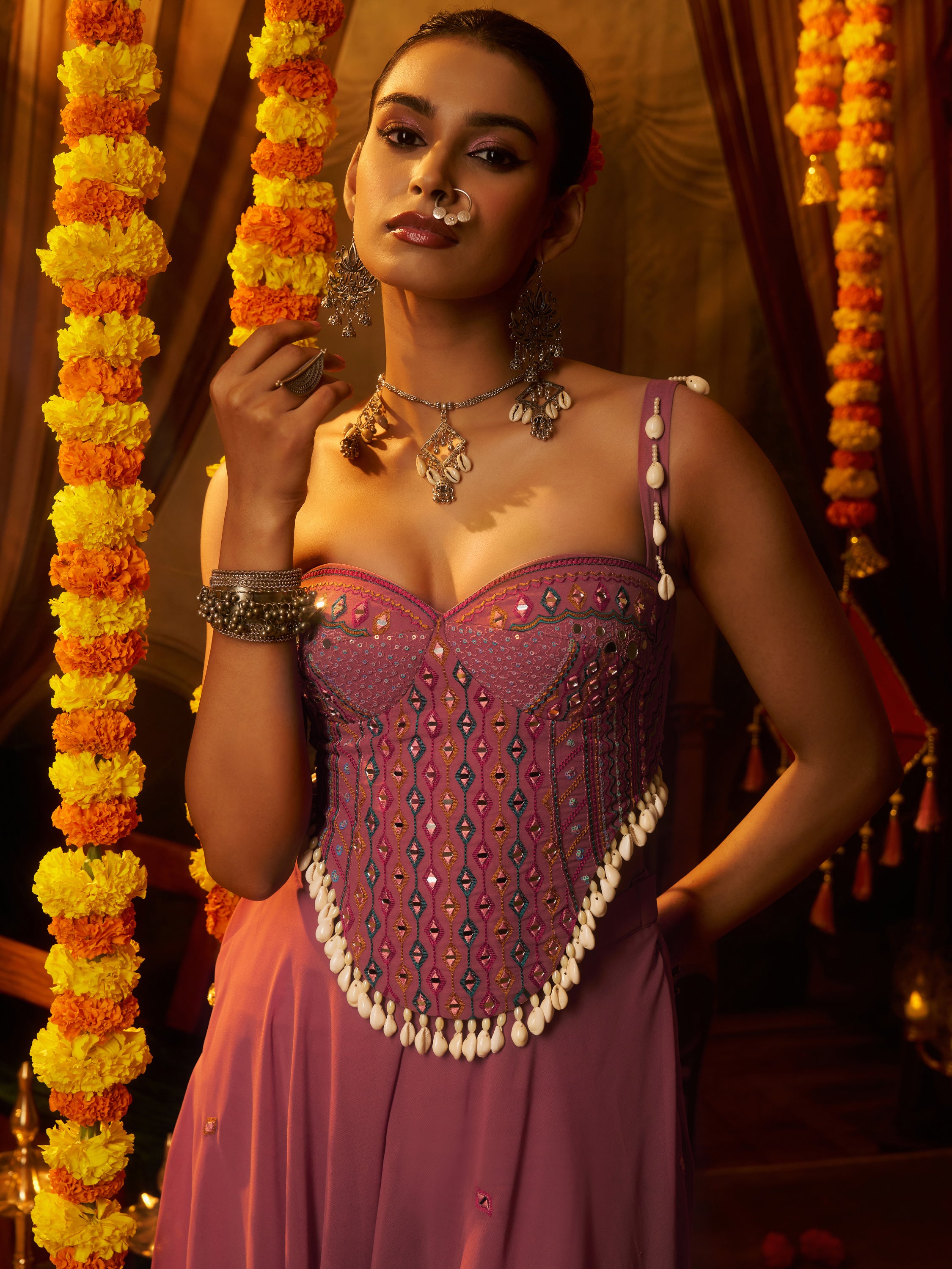 Gorgeous Pink Thread Work Georgette Navratri Corset Top With Palazzo