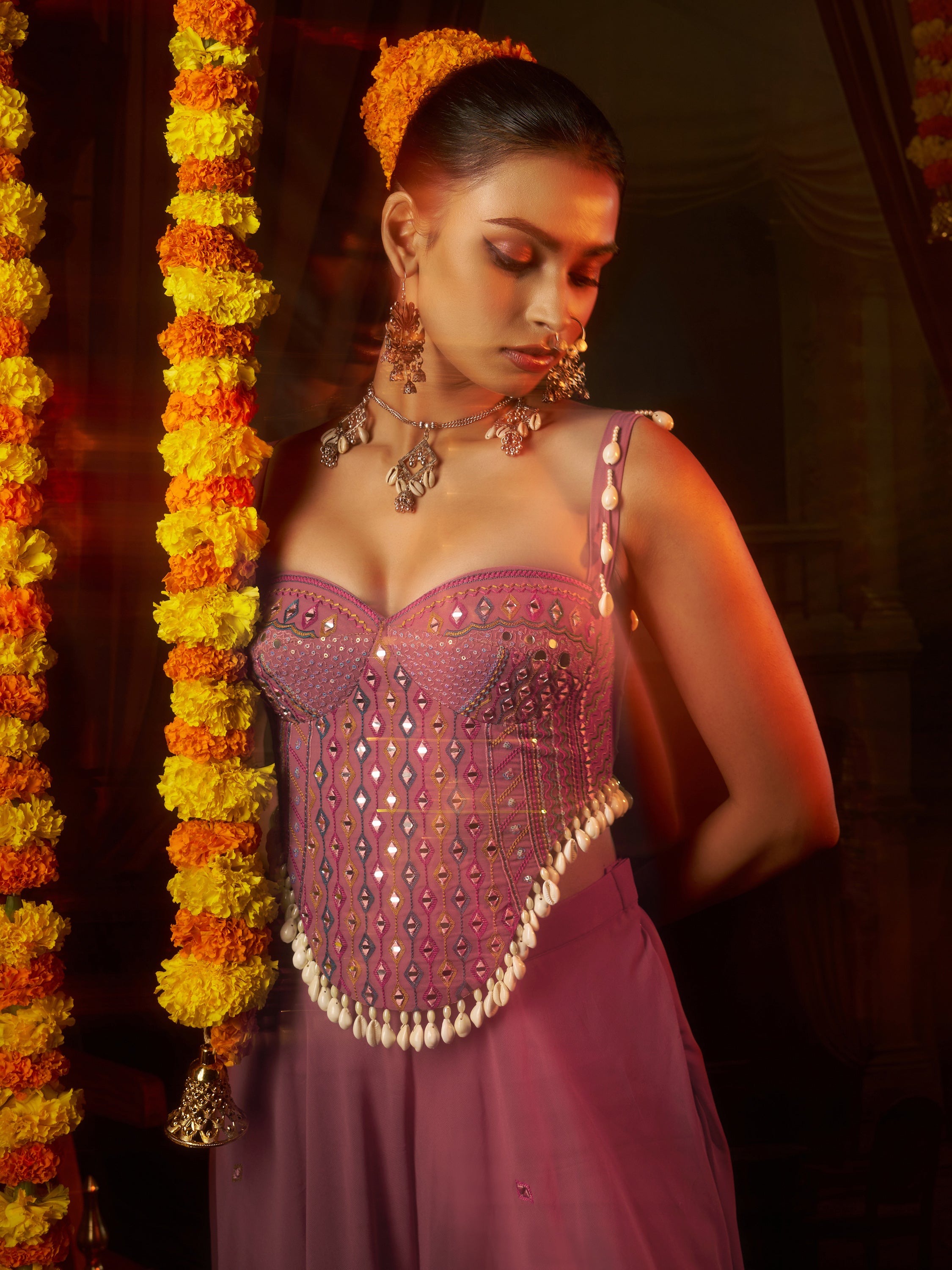 Gorgeous Pink Thread Work Georgette Navratri Corset Top With Palazzo