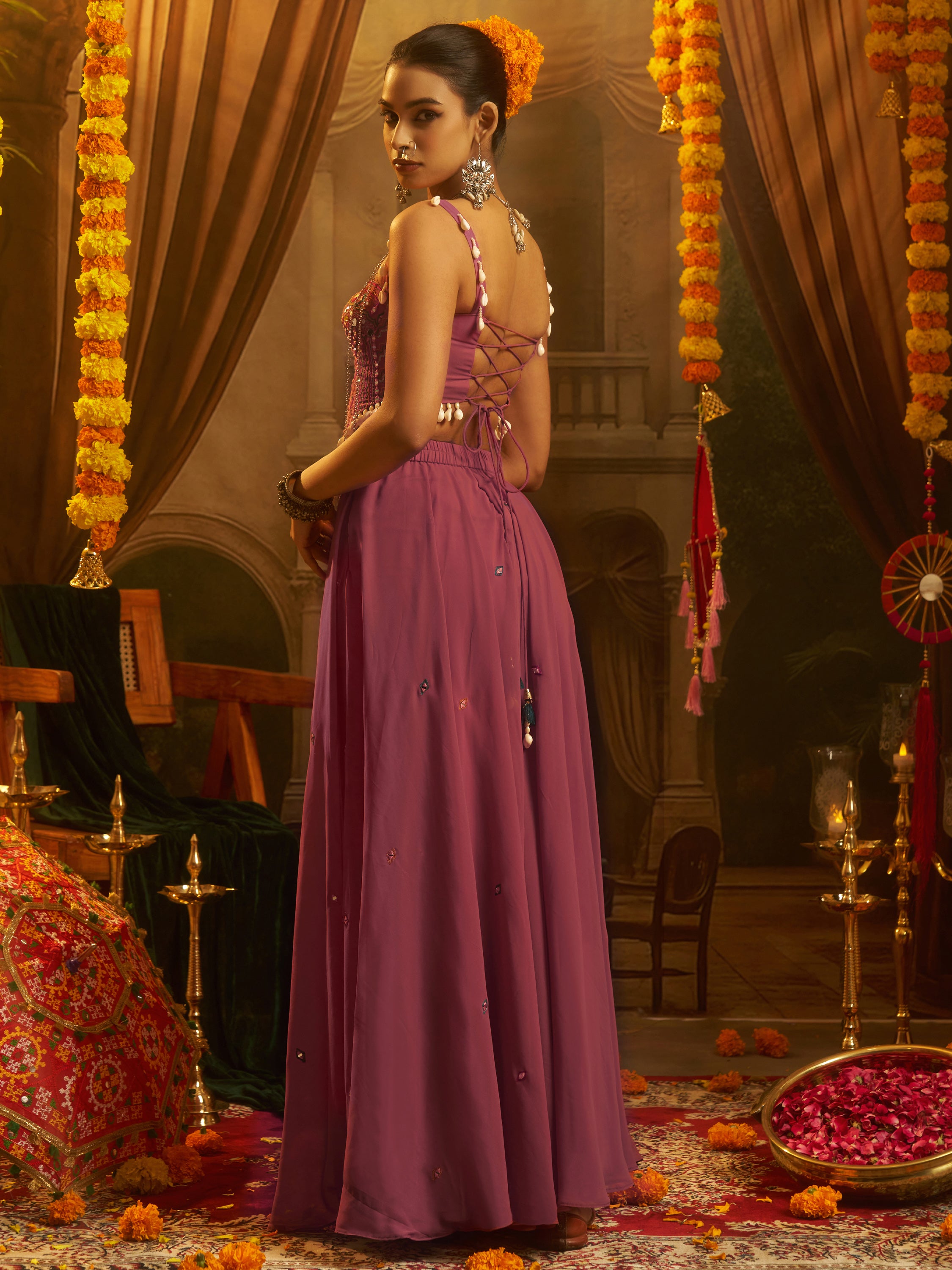 Gorgeous Pink Thread Work Georgette Navratri Corset Top With Palazzo