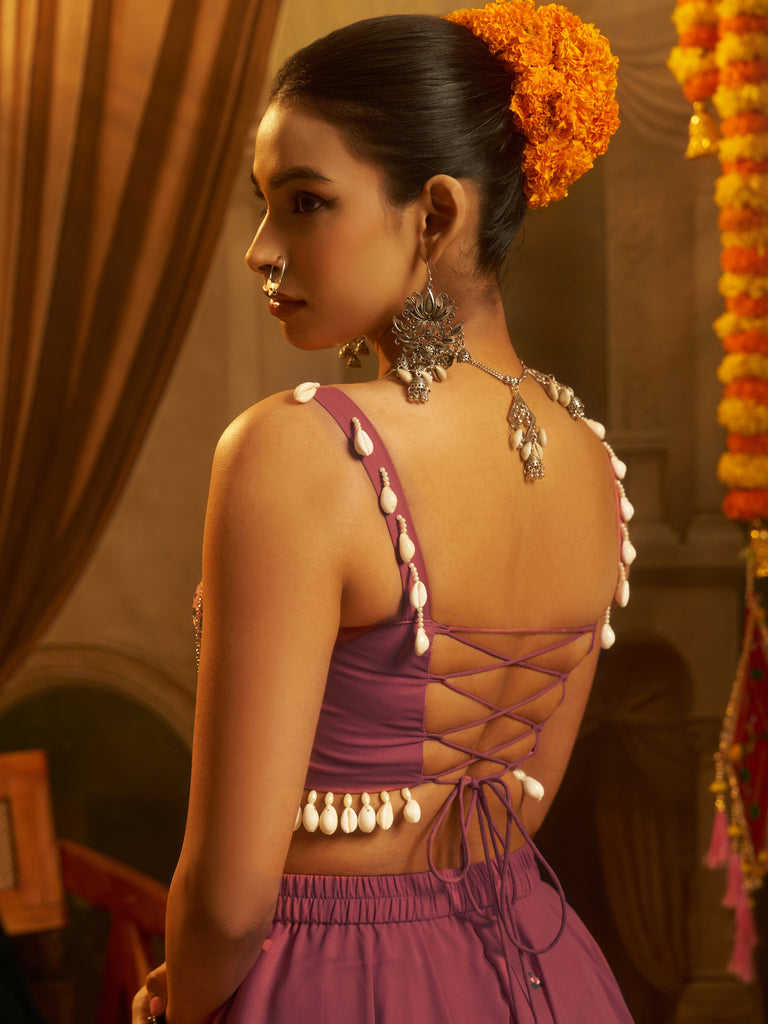 Gorgeous Pink Thread Work Georgette Navratri Corset Top With Palazzo