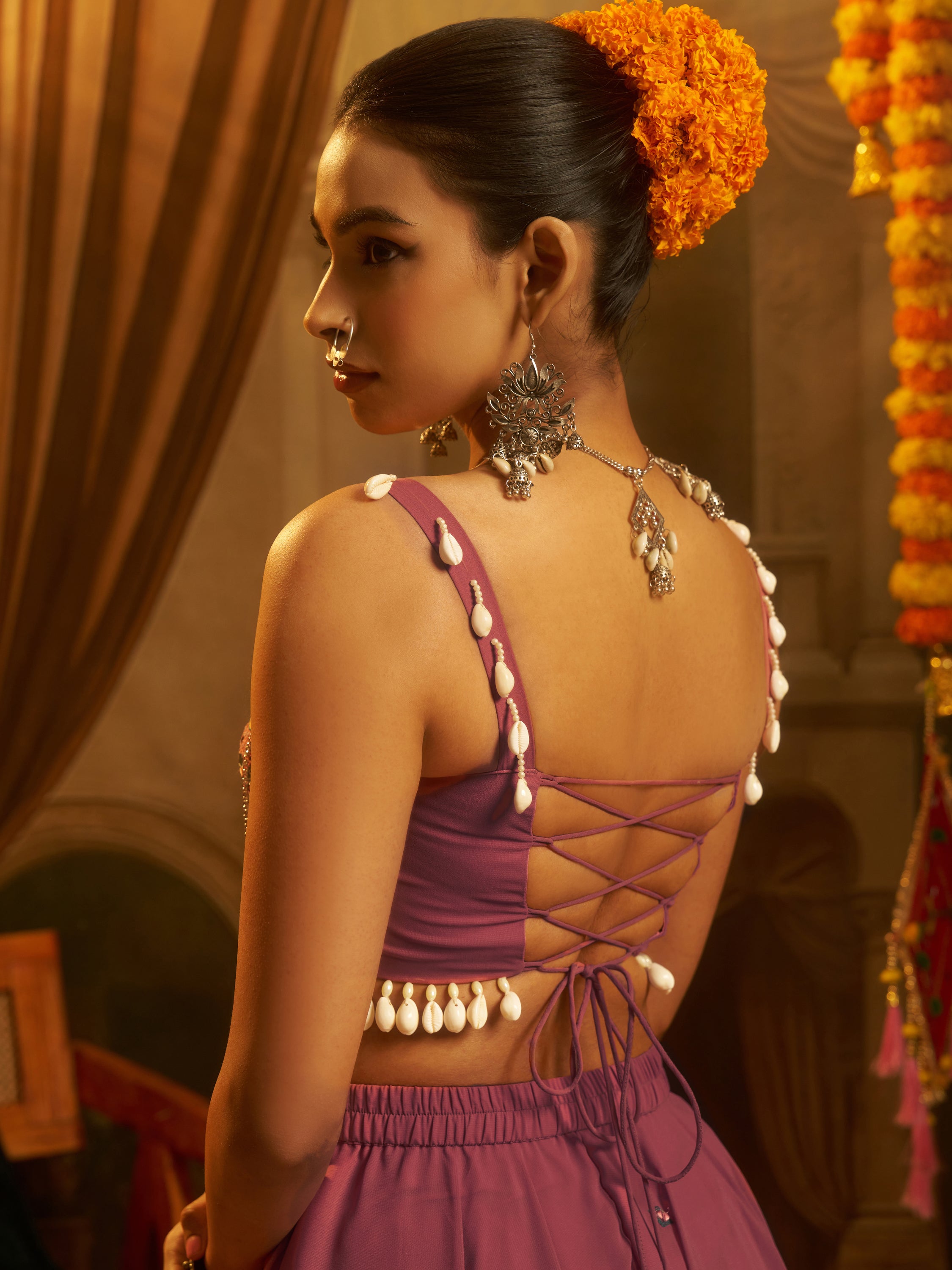 Gorgeous Pink Thread Work Georgette Navratri Corset Top With Palazzo