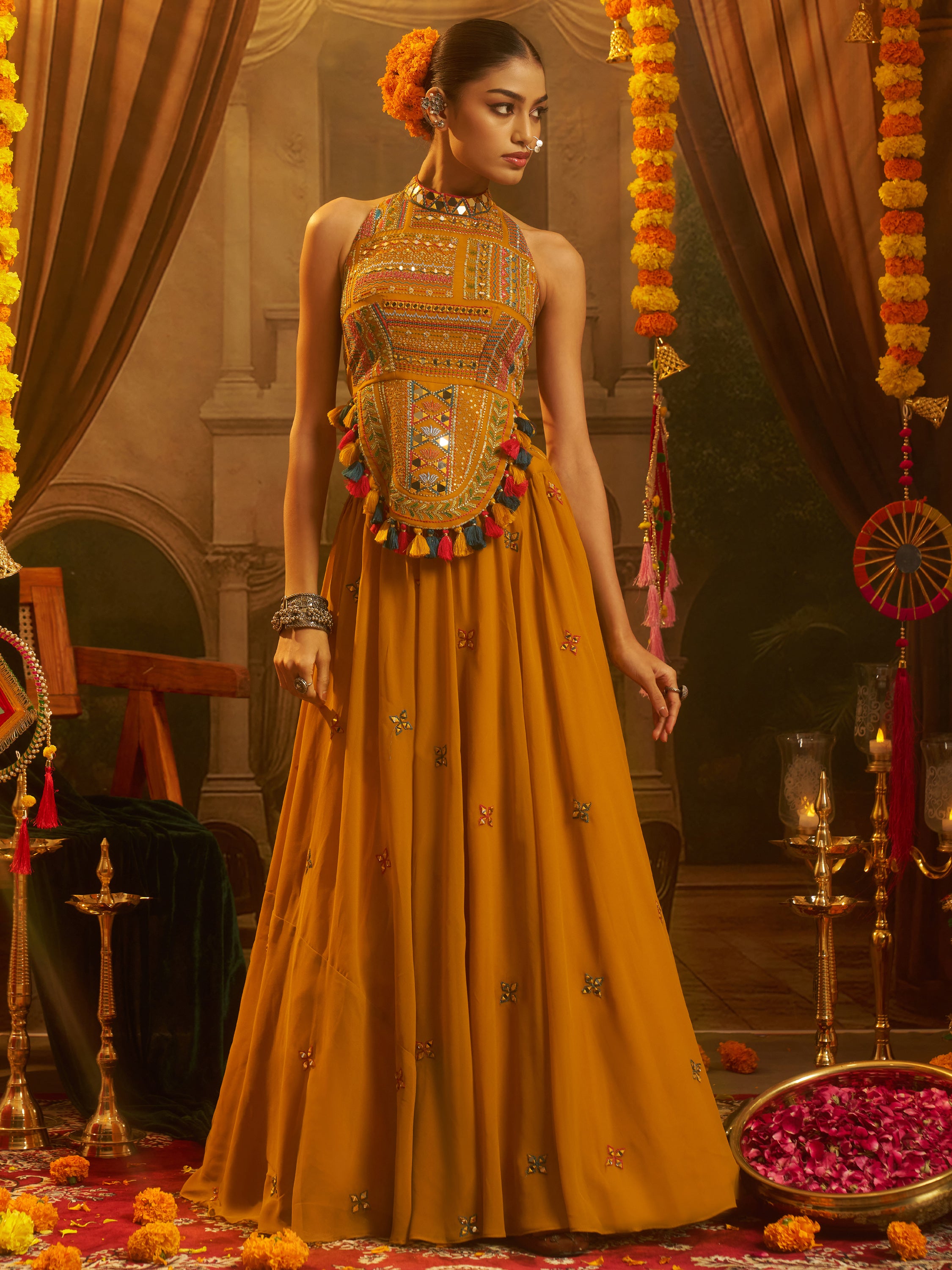 Rich Mustard Yellow Embroidered Georgette Navratri Lehenga Choli