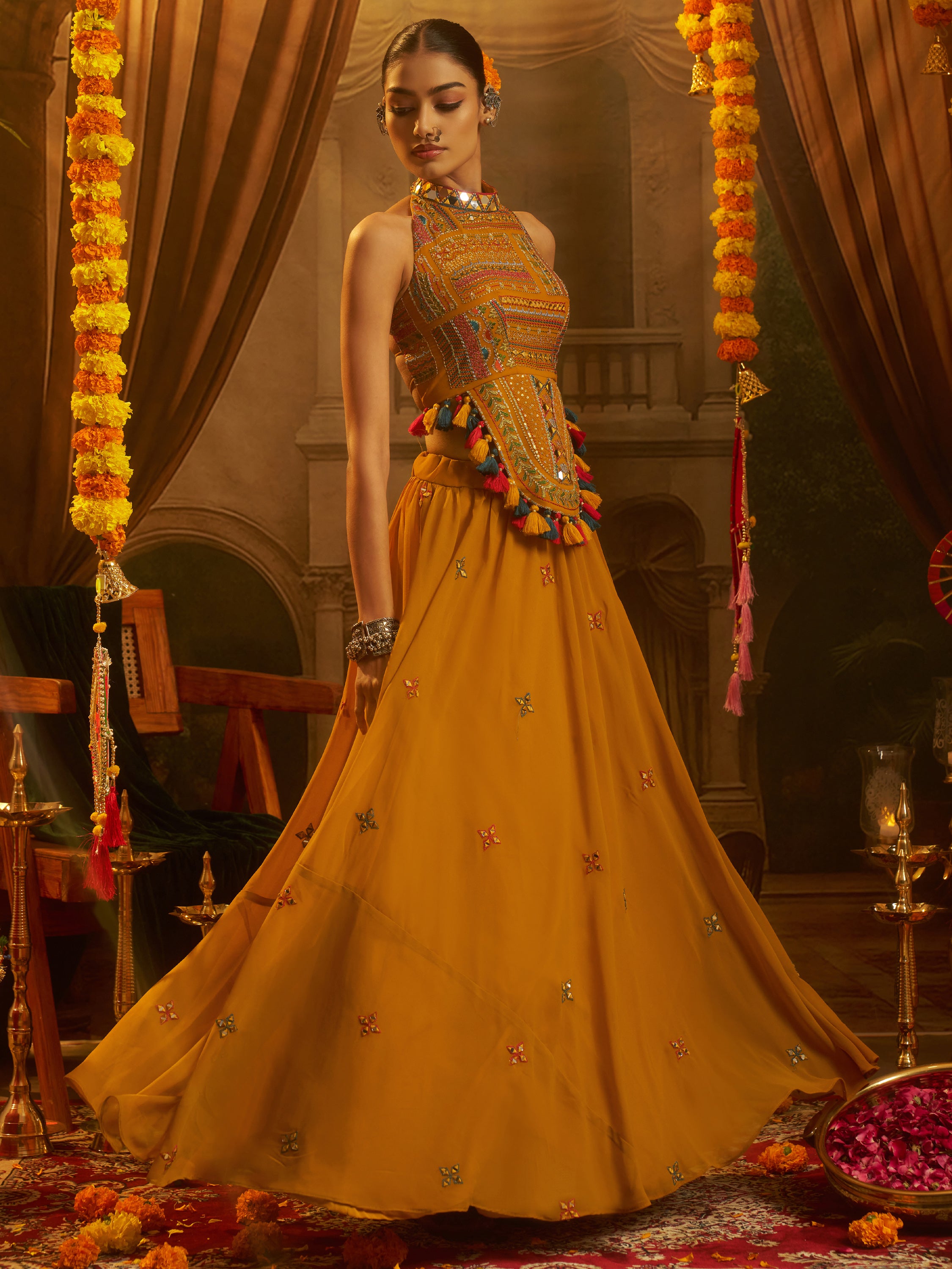 Rich Mustard Yellow Embroidered Georgette Navratri Lehenga Choli