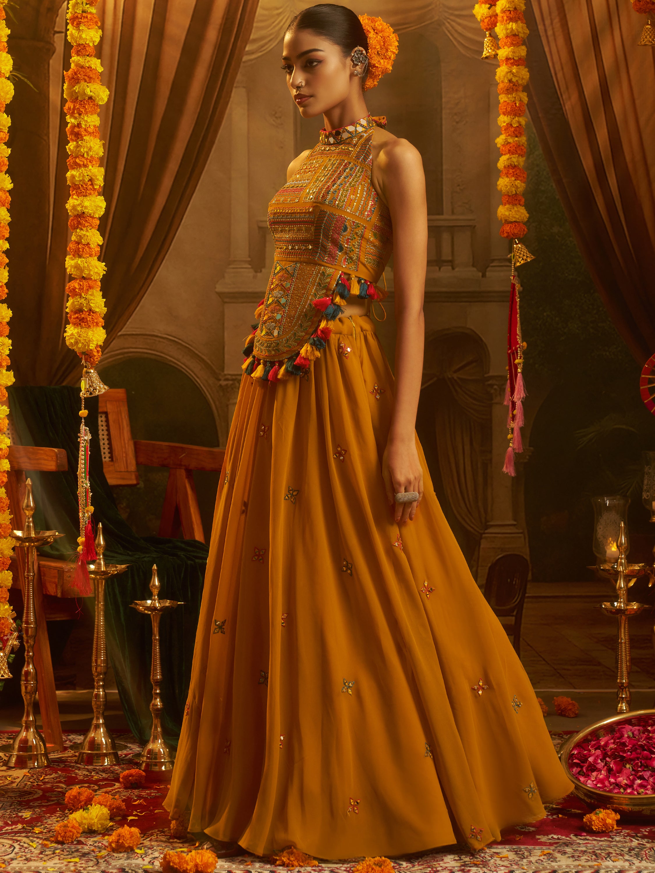 Rich Mustard Yellow Embroidered Georgette Navratri Lehenga Choli