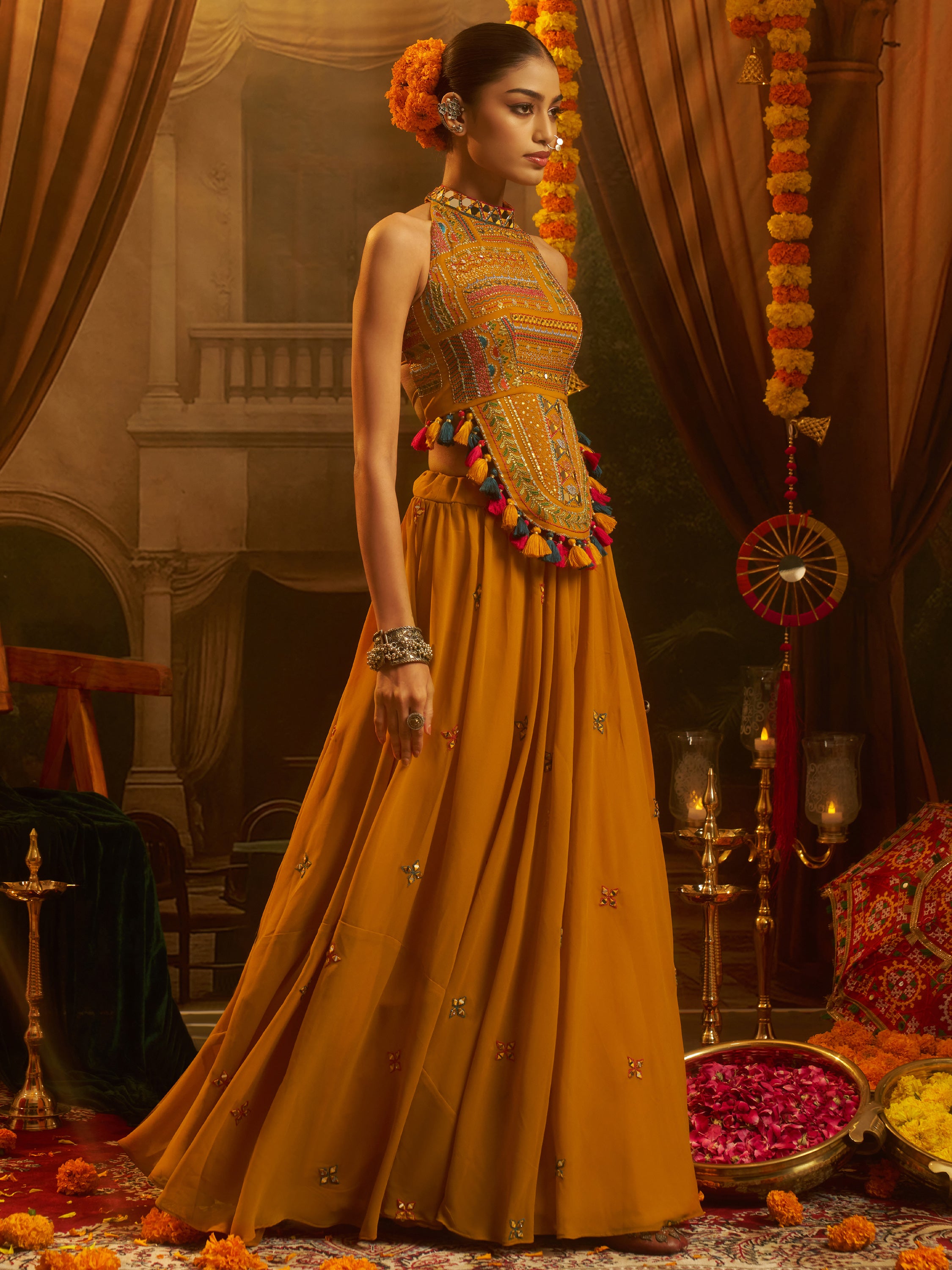 Rich Mustard Yellow Embroidered Georgette Navratri Lehenga Choli