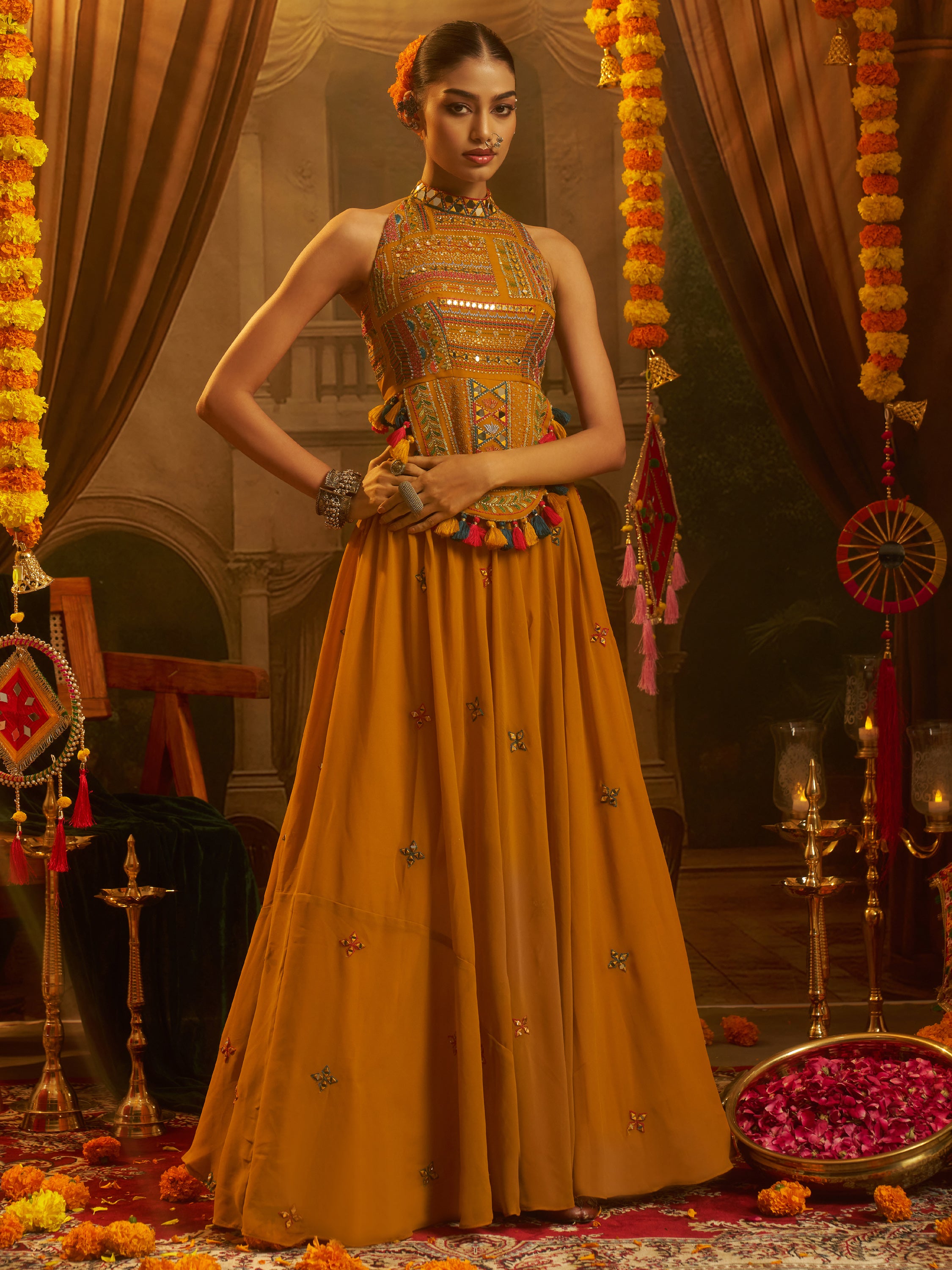 Rich Mustard Yellow Embroidered Georgette Navratri Lehenga Choli
