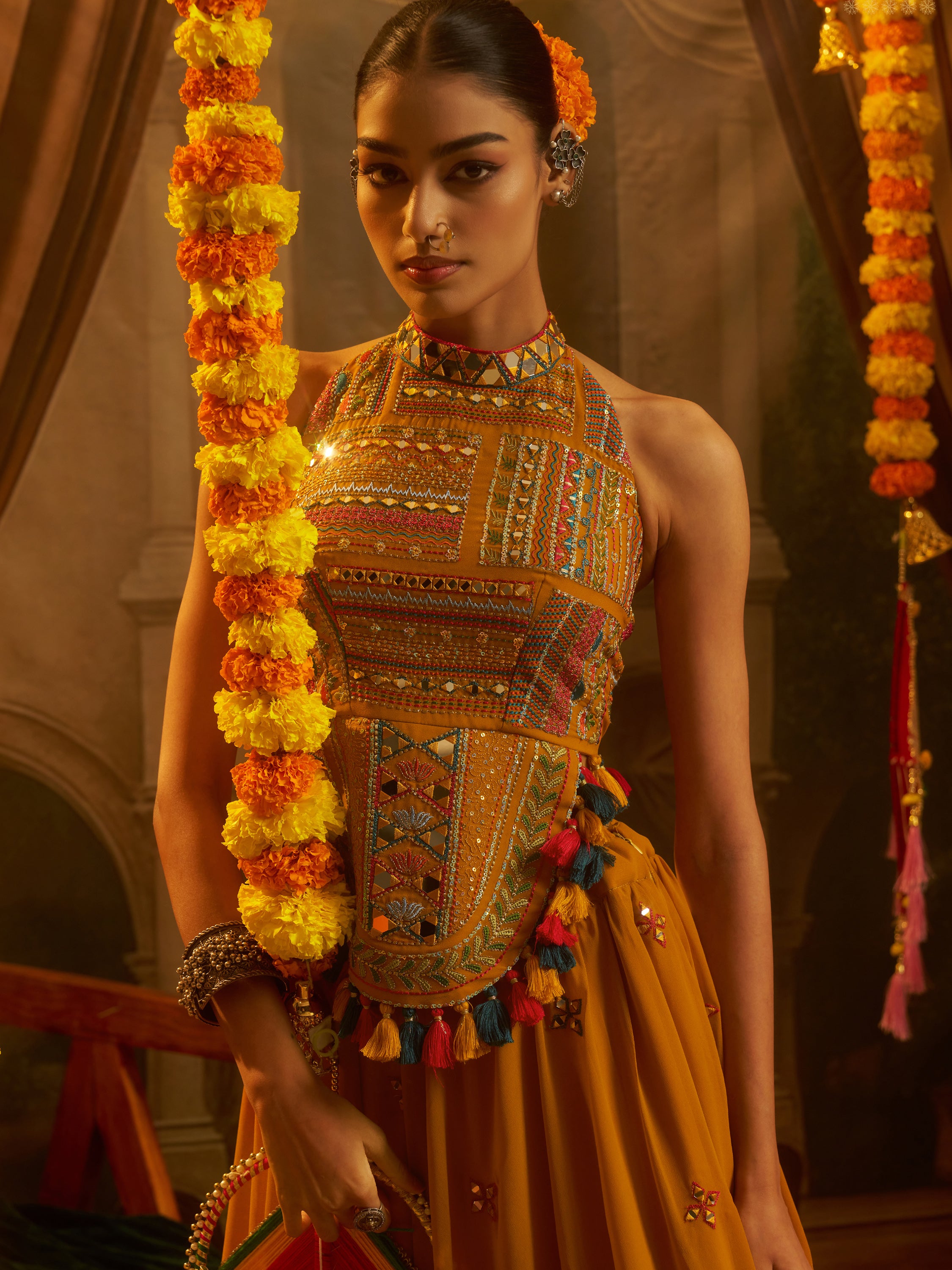 Rich Mustard Yellow Embroidered Georgette Navratri Lehenga Choli