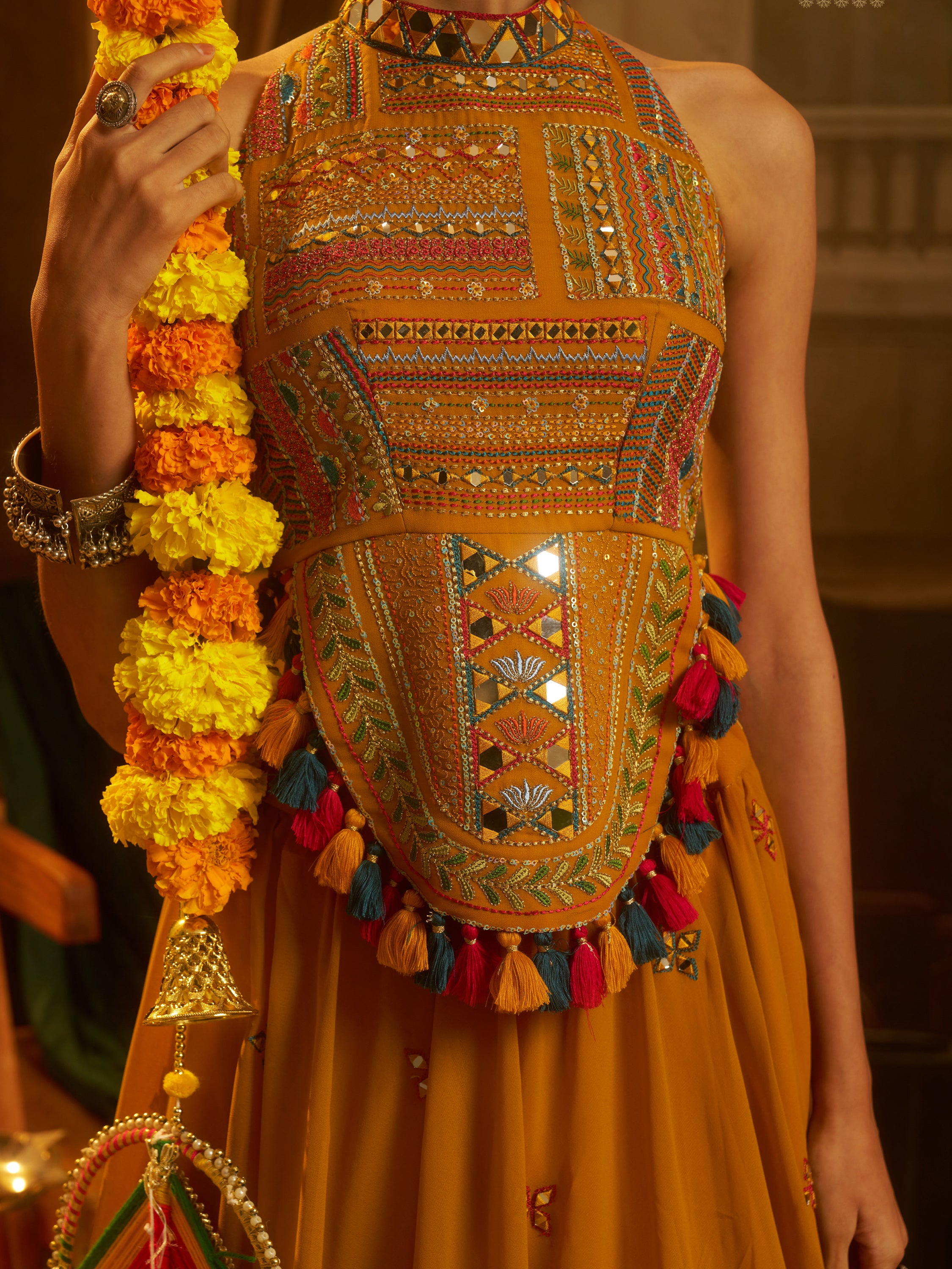 Rich Mustard Yellow Embroidered Georgette Navratri Lehenga Choli