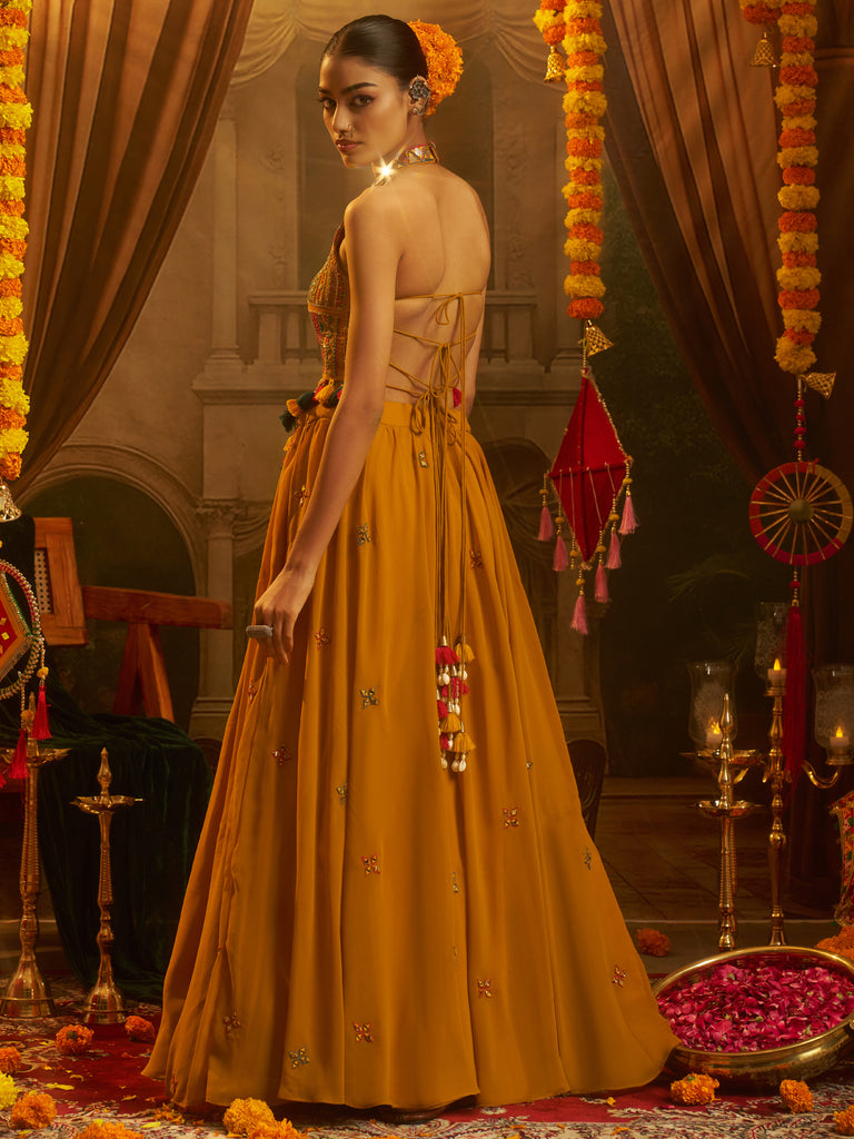 Rich Mustard Yellow Embroidered Georgette Navratri Lehenga Choli