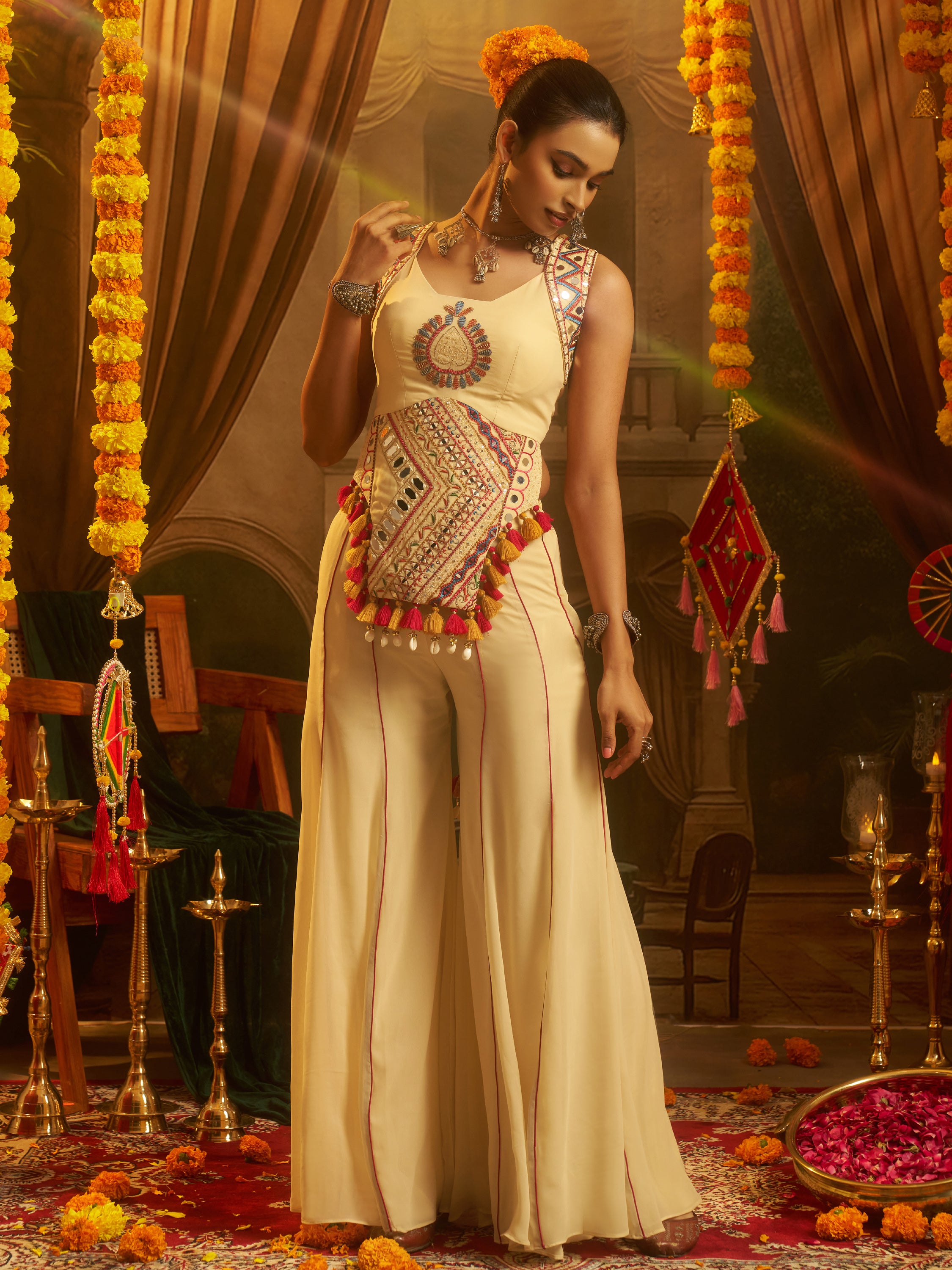 Stunning Cream Mirror Work Georgette Navratri Crop Top With Palazzo