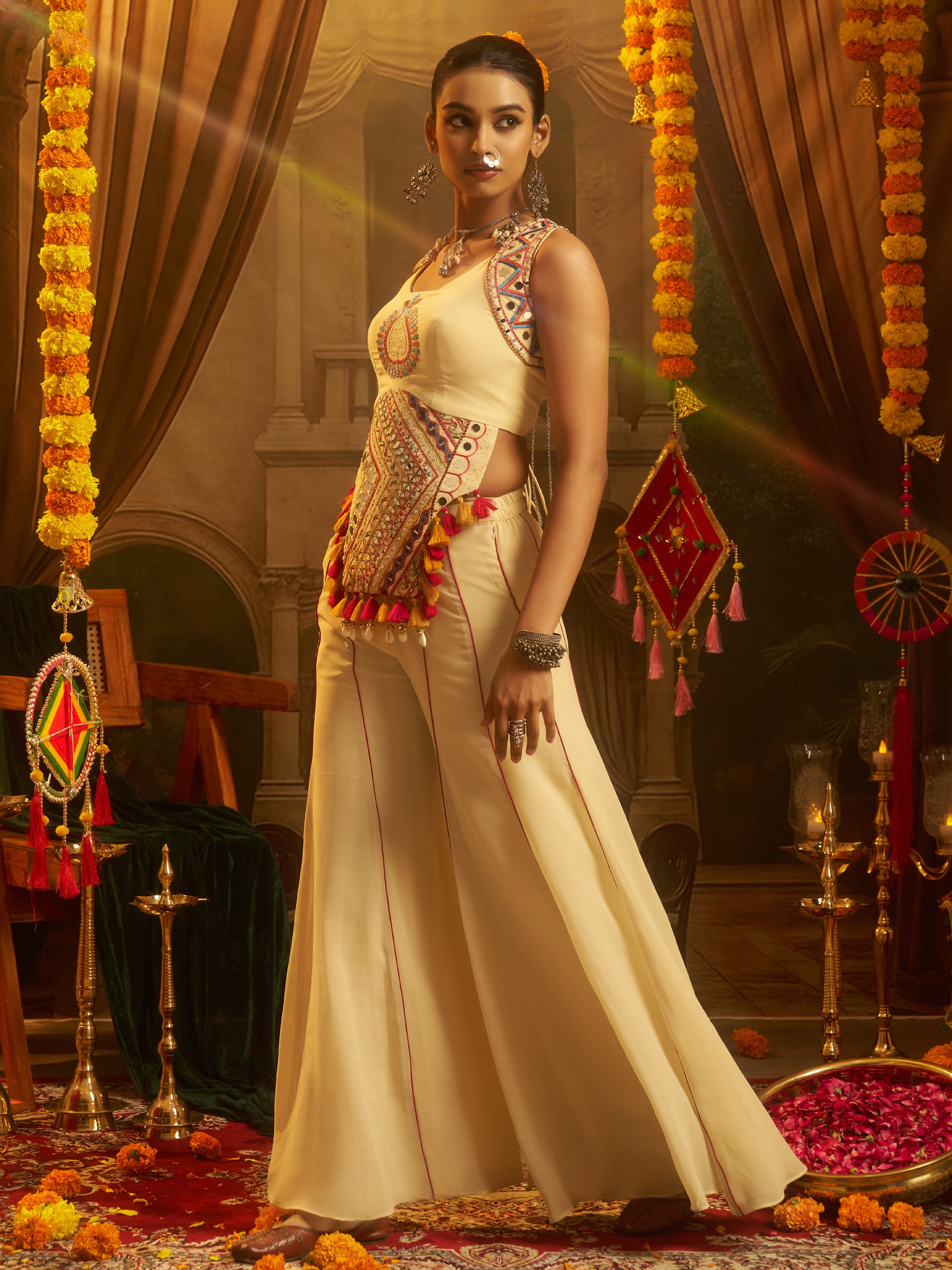 Stunning Cream Mirror Work Georgette Navratri Crop Top With Palazzo