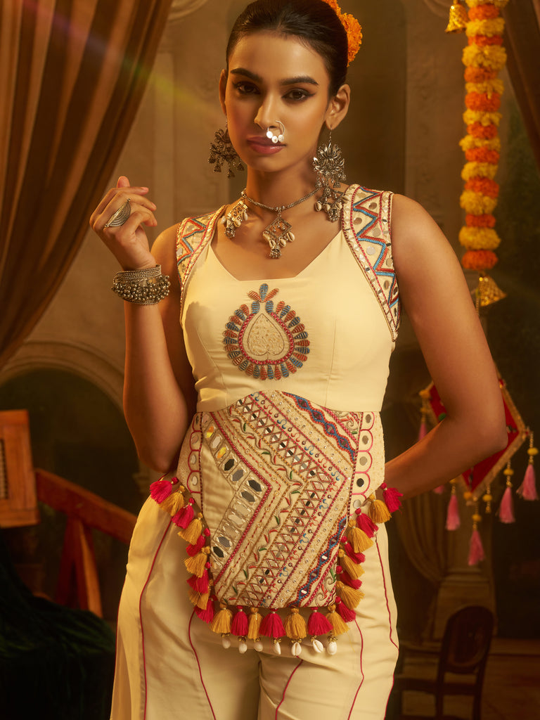 Stunning Cream Mirror Work Georgette Navratri Crop Top With Palazzo