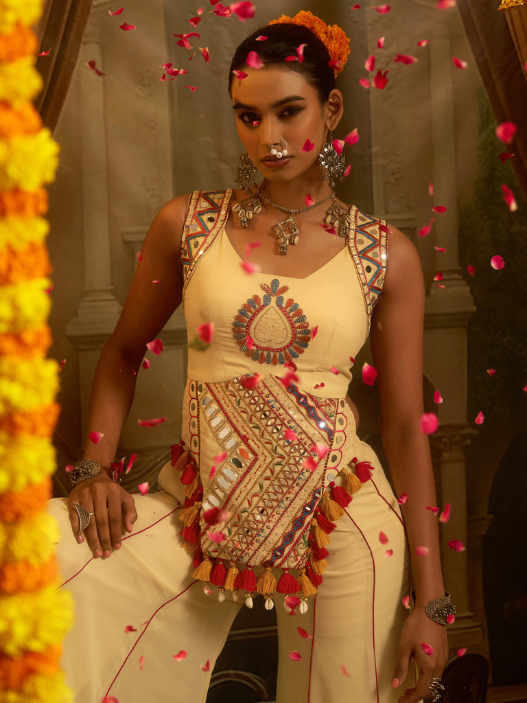 Stunning Cream Mirror Work Georgette Navratri Crop Top With Palazzo