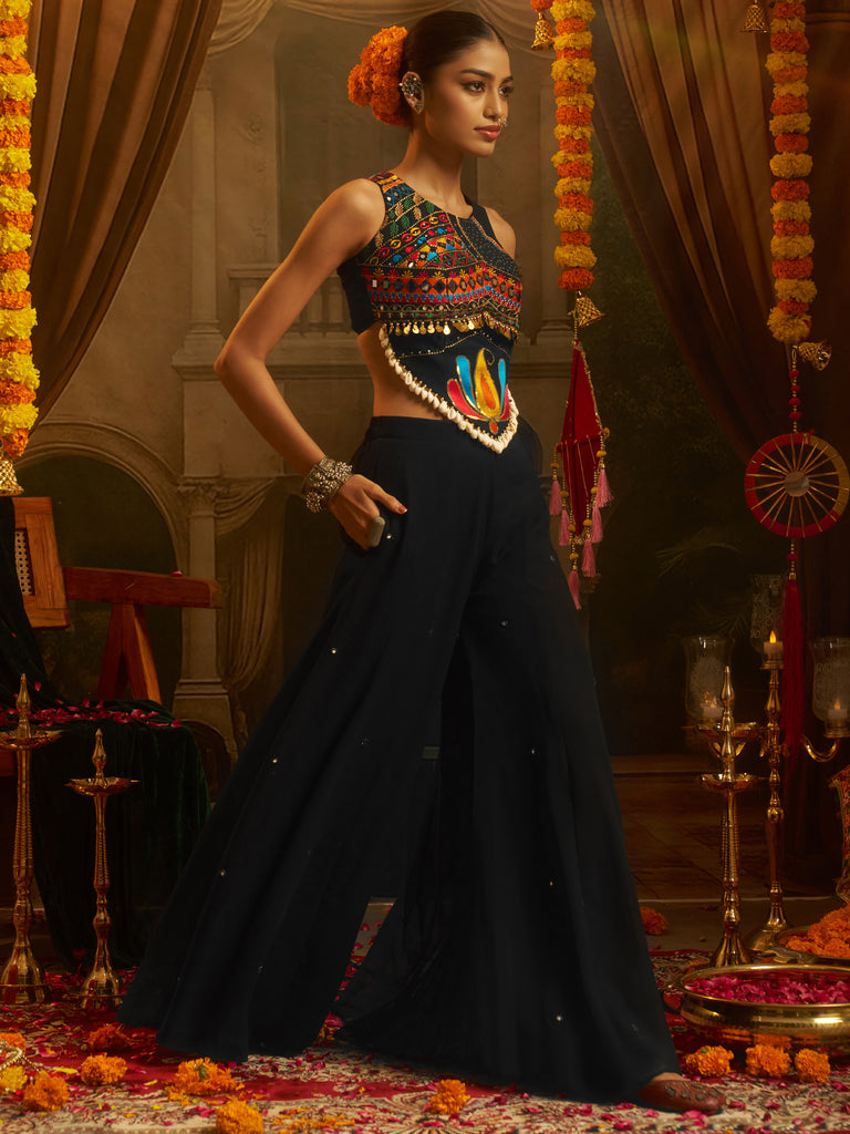 Alluring Black Sequins Georgette Navratri Wear Crop Top With Palazzo