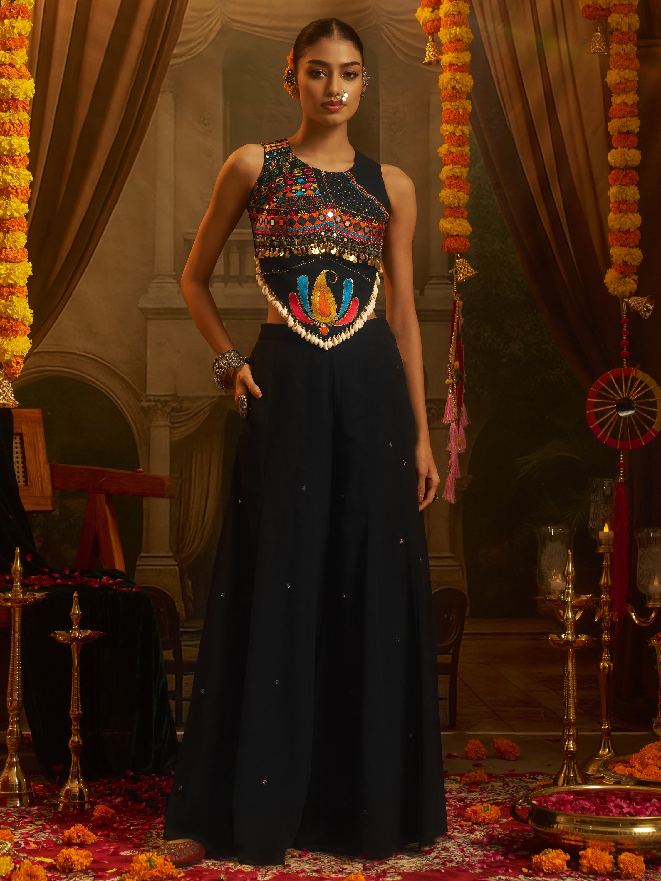Alluring Black Sequins Georgette Navratri Wear Crop Top With Palazzo
