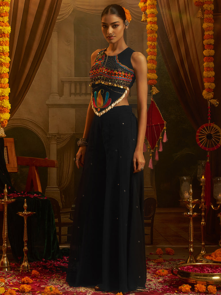 Alluring Black Sequins Georgette Navratri Wear Crop Top With Palazzo