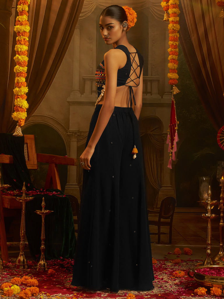 Alluring Black Sequins Georgette Navratri Wear Crop Top With Palazzo