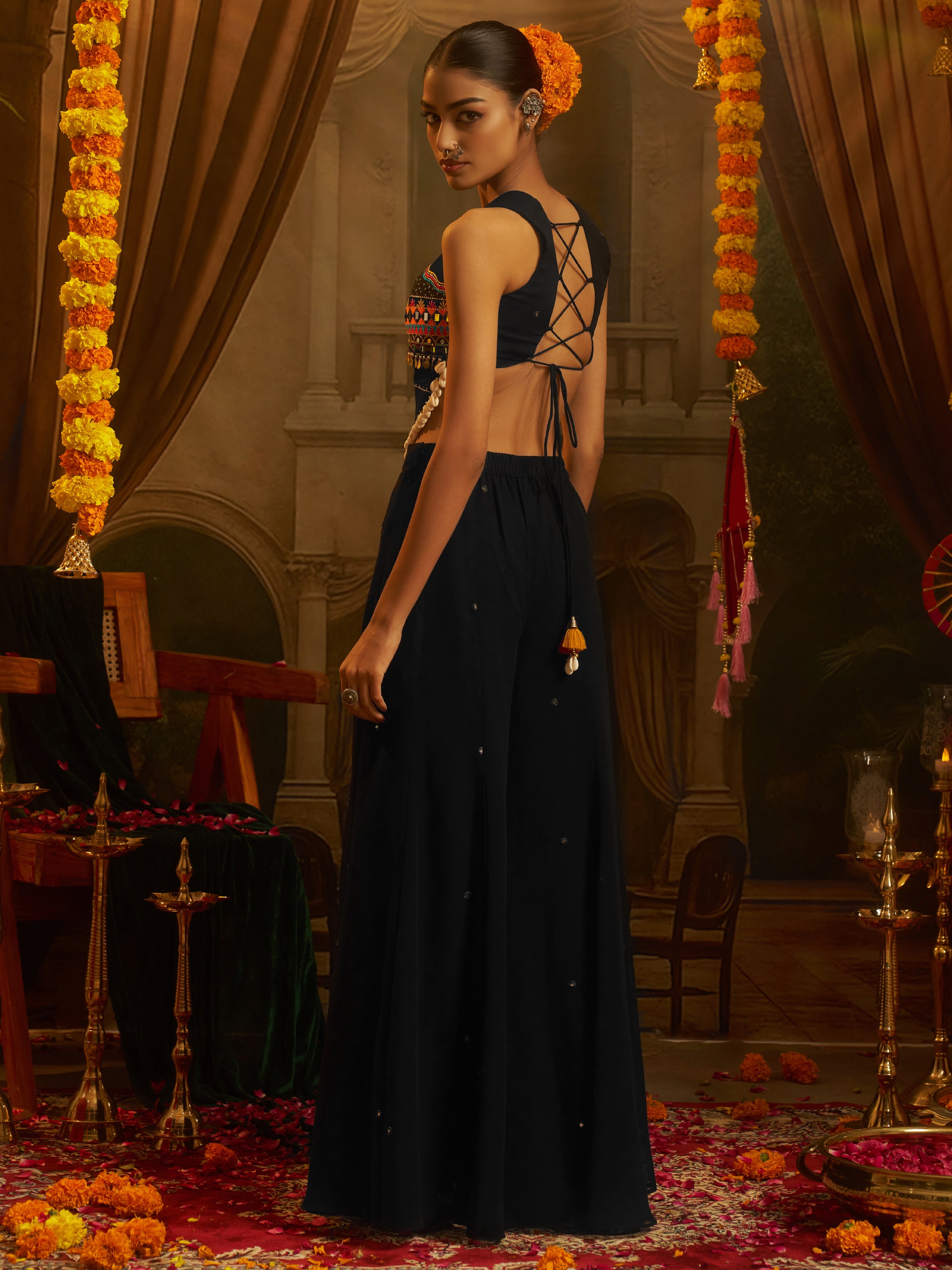 Alluring Black Sequins Georgette Navratri Wear Crop Top With Palazzo