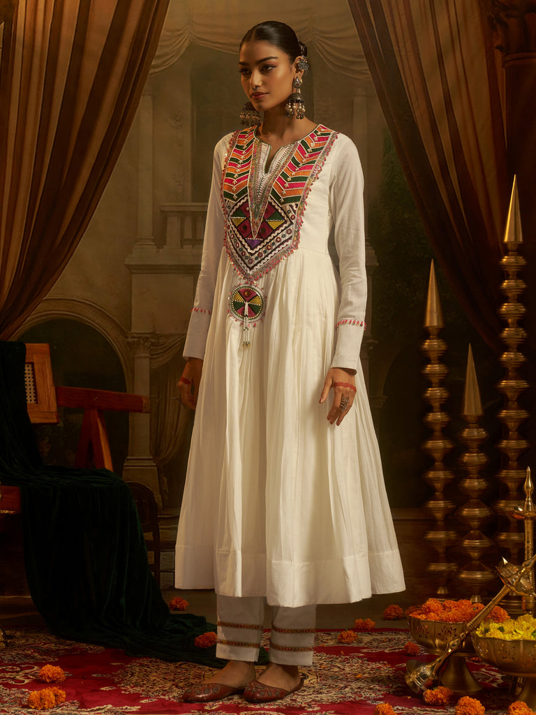 Wonderful Off White Bead Work Cotton Navratri Special Kurti Set