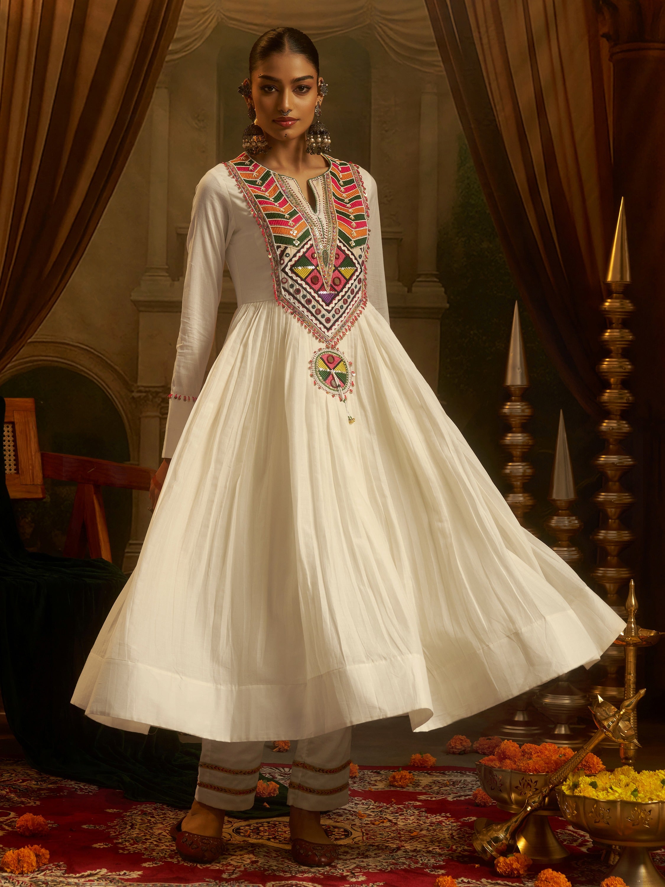 Wonderful Off White Bead Work Cotton Navratri Special Kurti Set