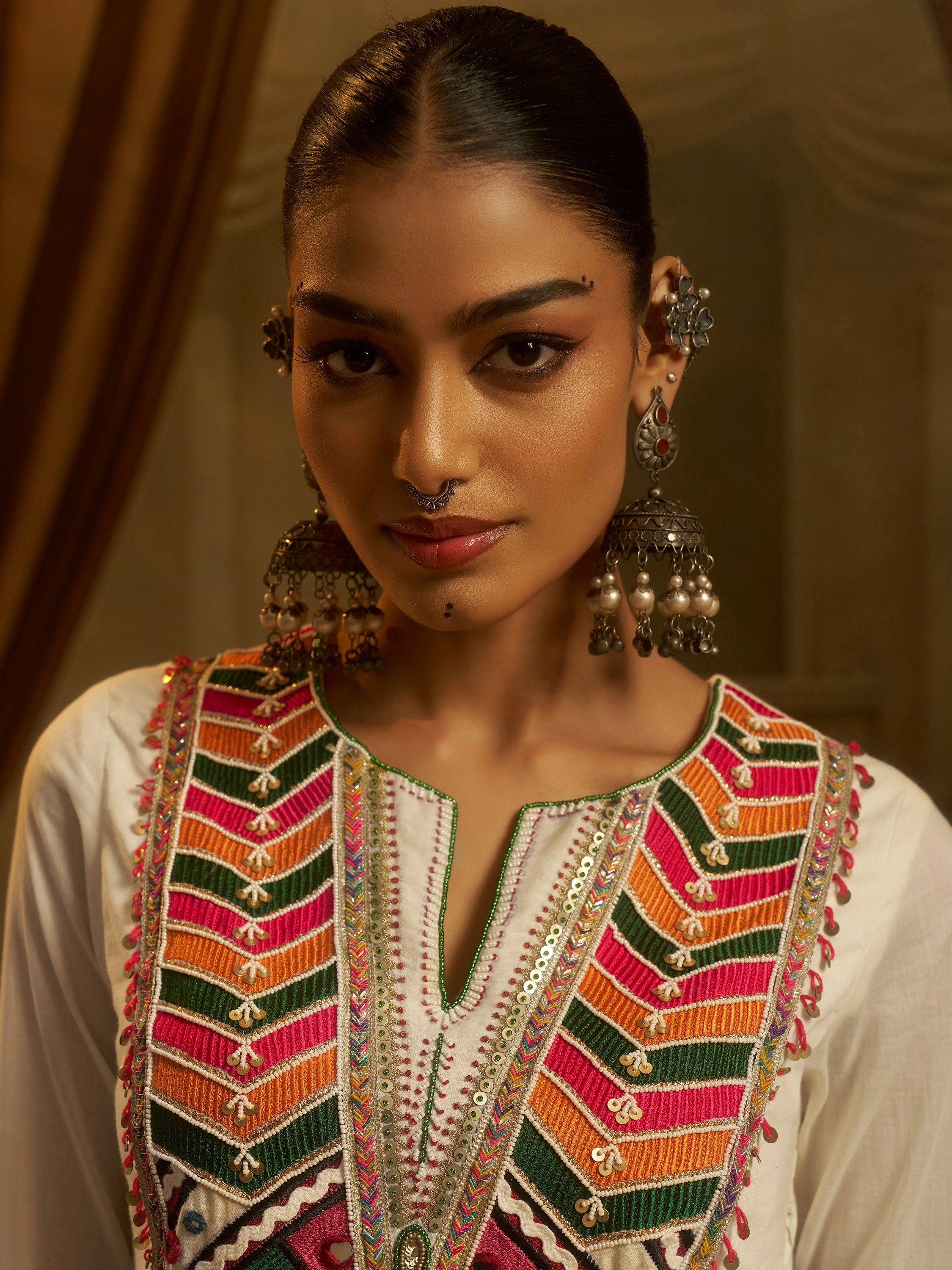 Wonderful Off White Bead Work Cotton Navratri Special Kurti Set