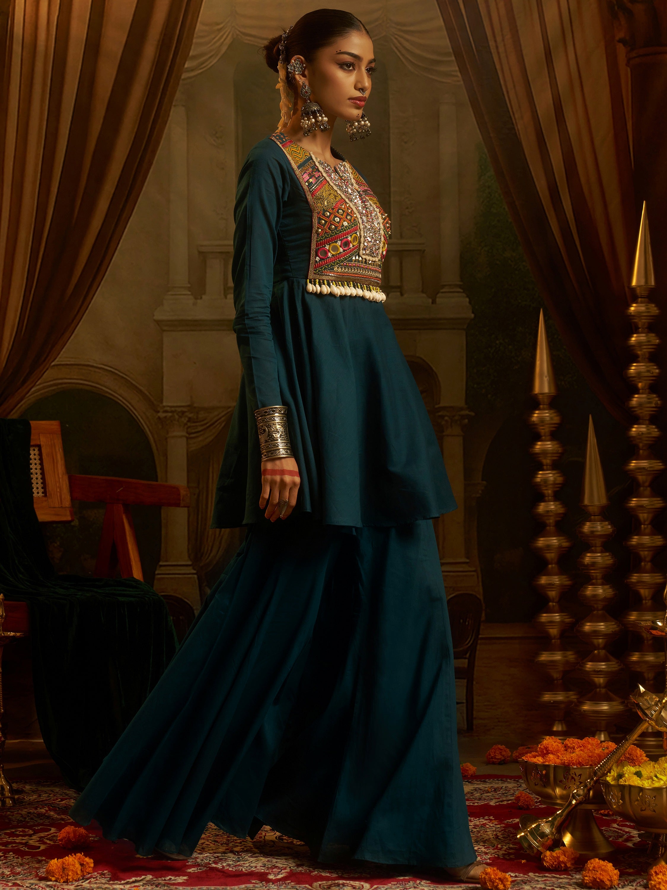 Fantastic Teal Blue Thread Work Cotton Navratri Wear Sharara Suit