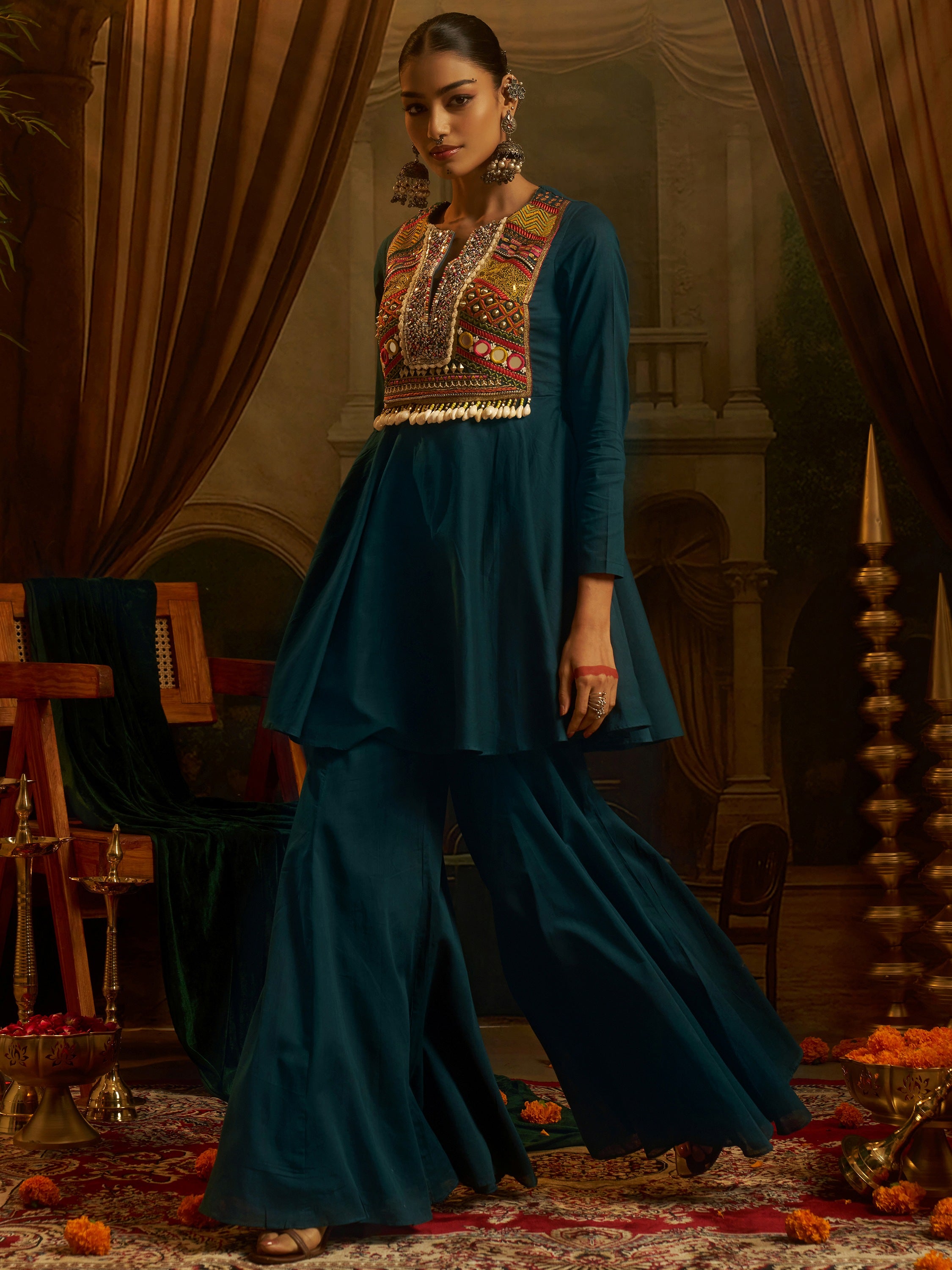 Fantastic Teal Blue Thread Work Cotton Navratri Wear Sharara Suit