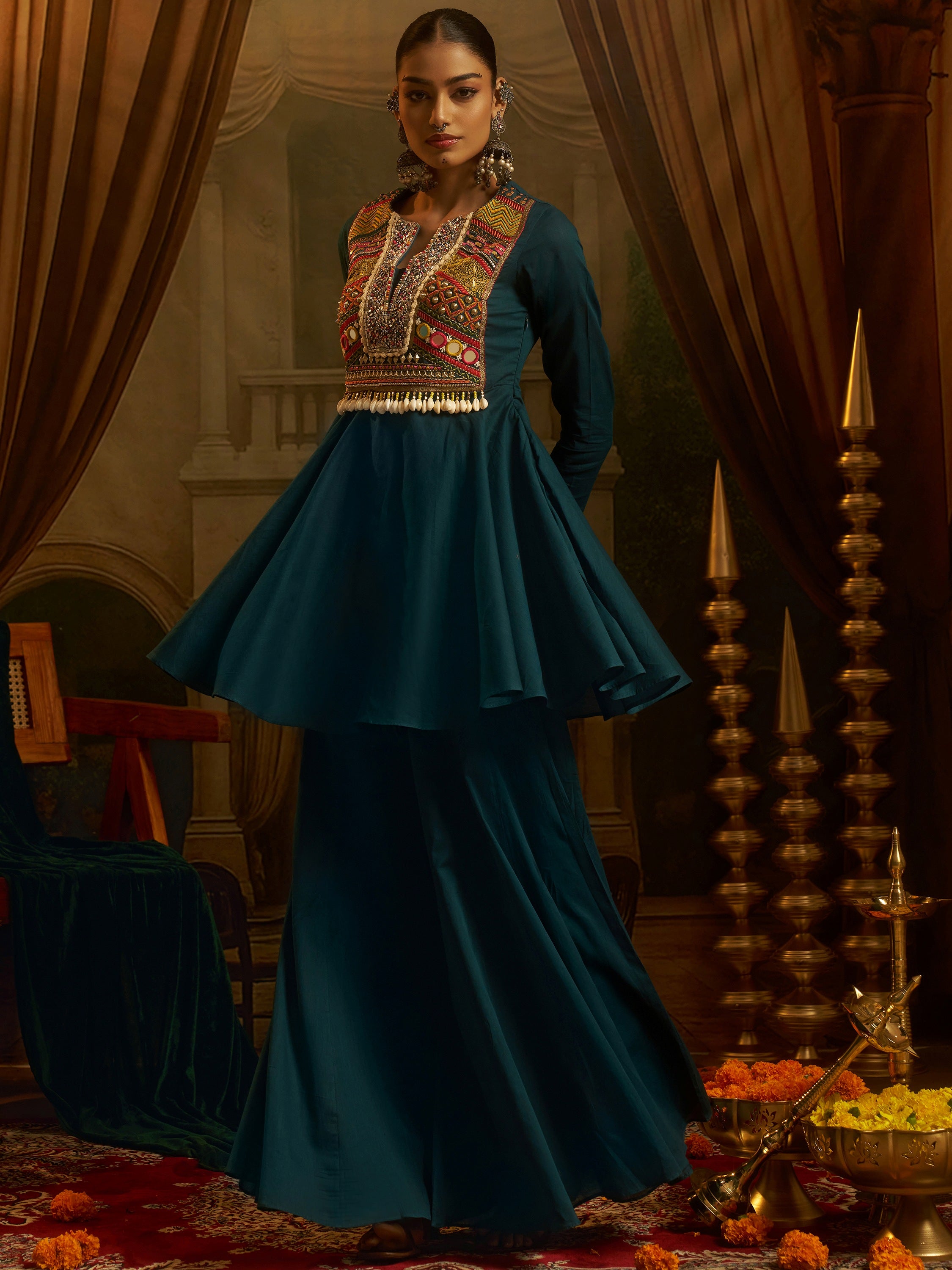 Fantastic Teal Blue Thread Work Cotton Navratri Wear Sharara Suit
