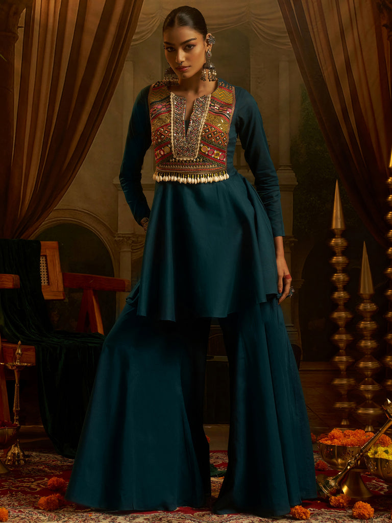 Fantastic Teal Blue Thread Work Cotton Navratri Wear Sharara Suit