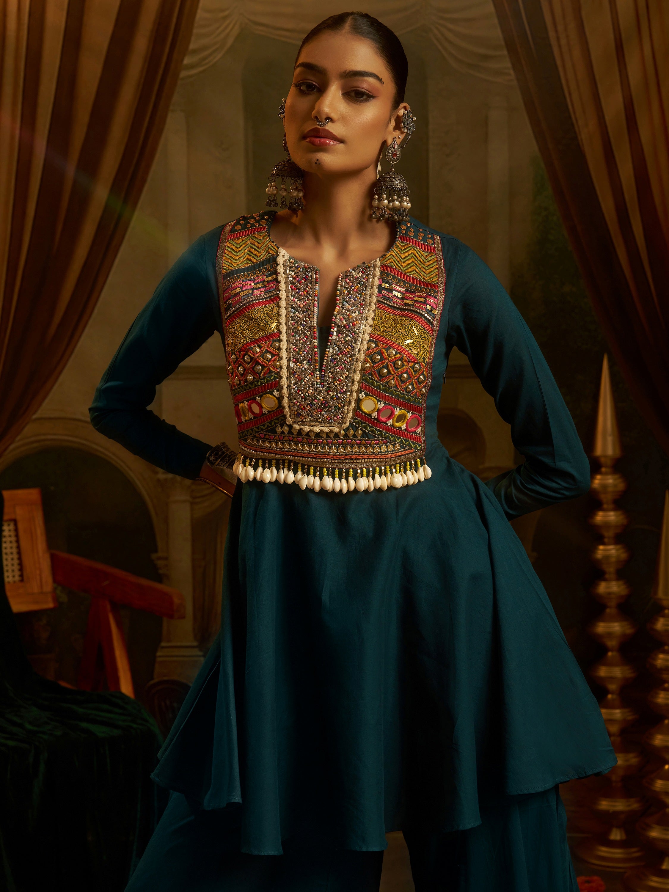 Fantastic Teal Blue Thread Work Cotton Navratri Wear Sharara Suit