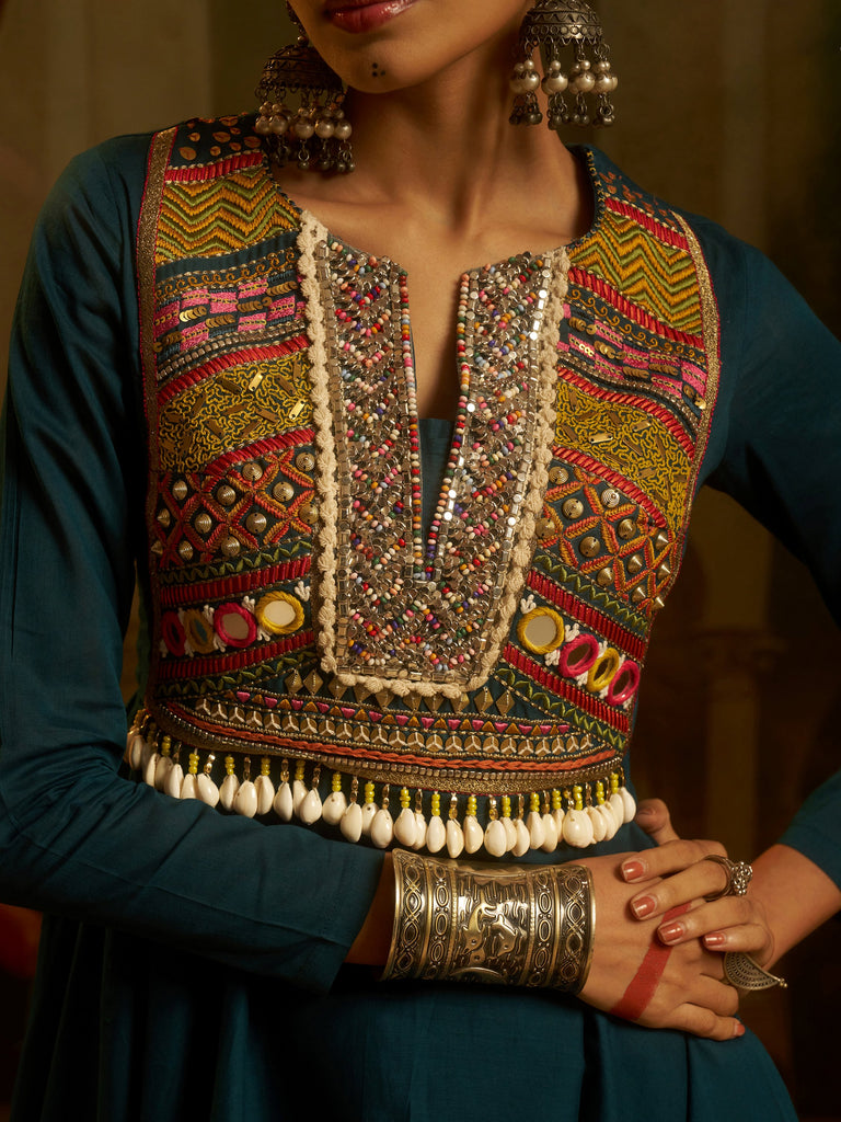 Fantastic Teal Blue Thread Work Cotton Navratri Wear Sharara Suit