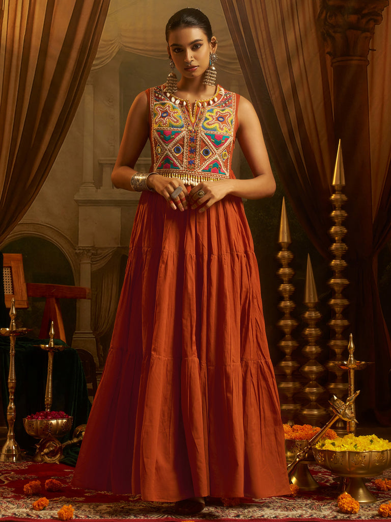 Aesthetic Rust Orange Thread Work Cotton Navratri Wear Gown