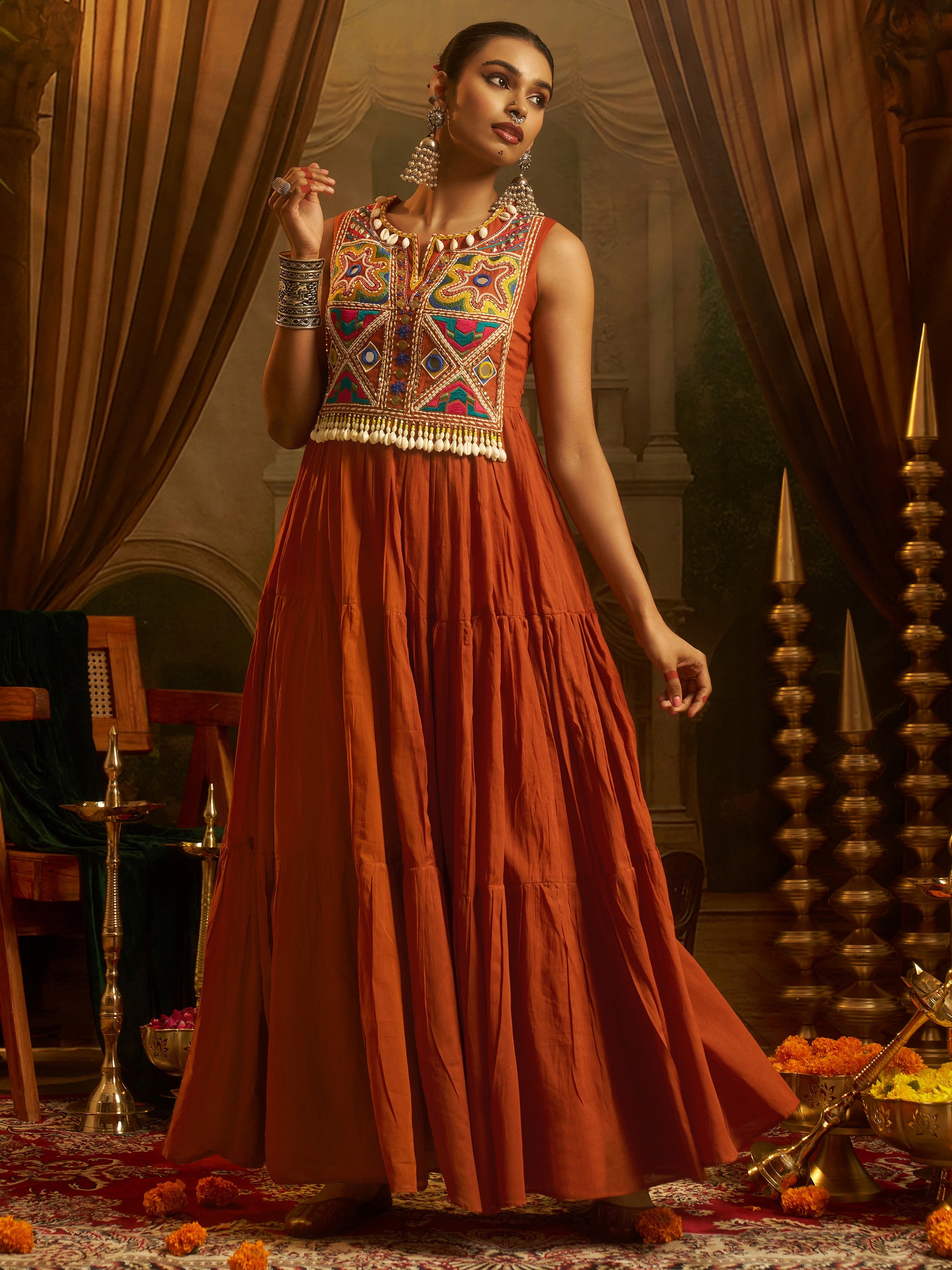 Aesthetic Rust Orange Thread Work Cotton Navratri Wear Gown