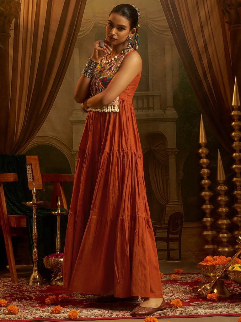 Aesthetic Rust Orange Thread Work Cotton Navratri Wear Gown