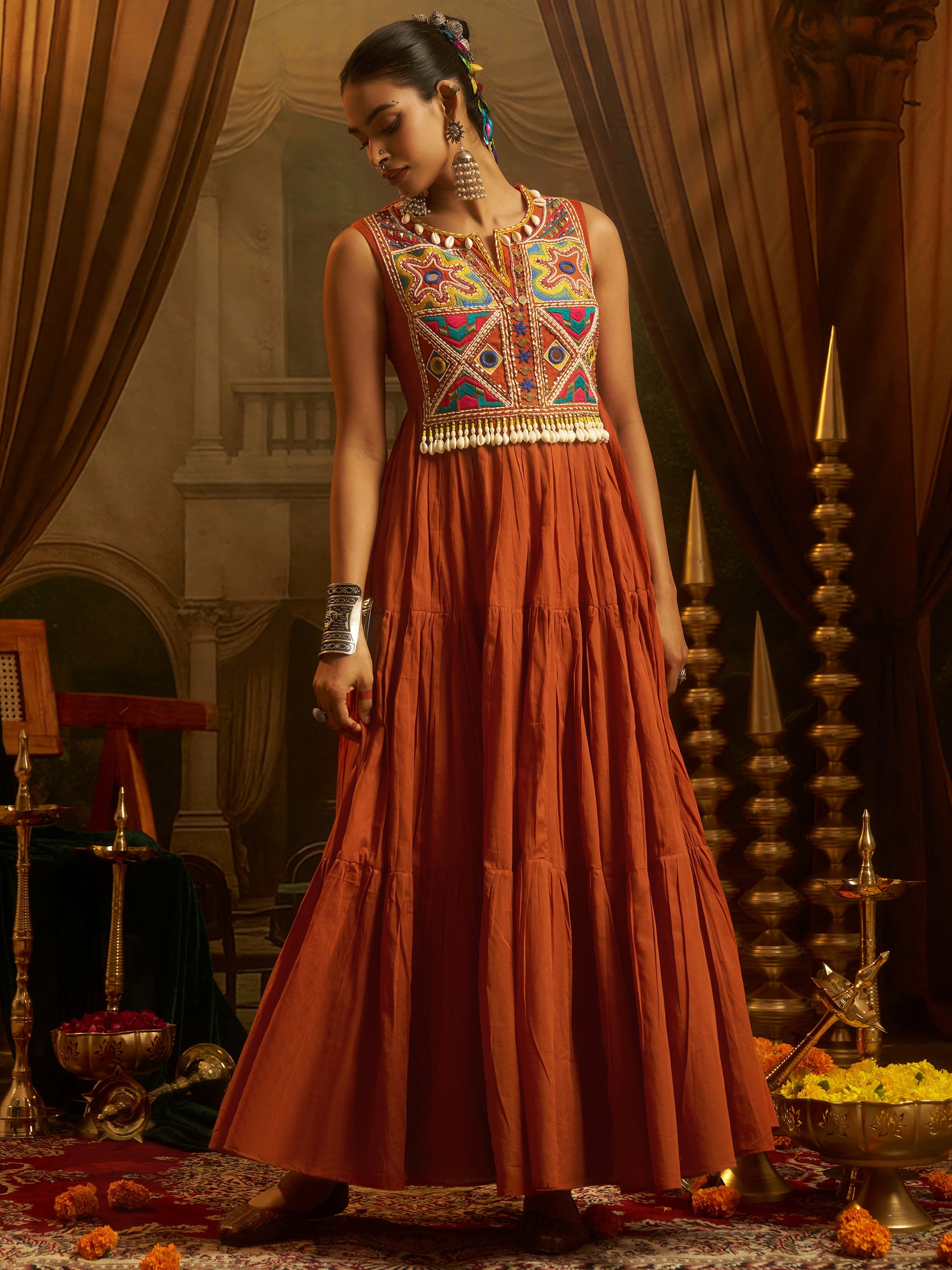 Aesthetic Rust Orange Thread Work Cotton Navratri Wear Gown