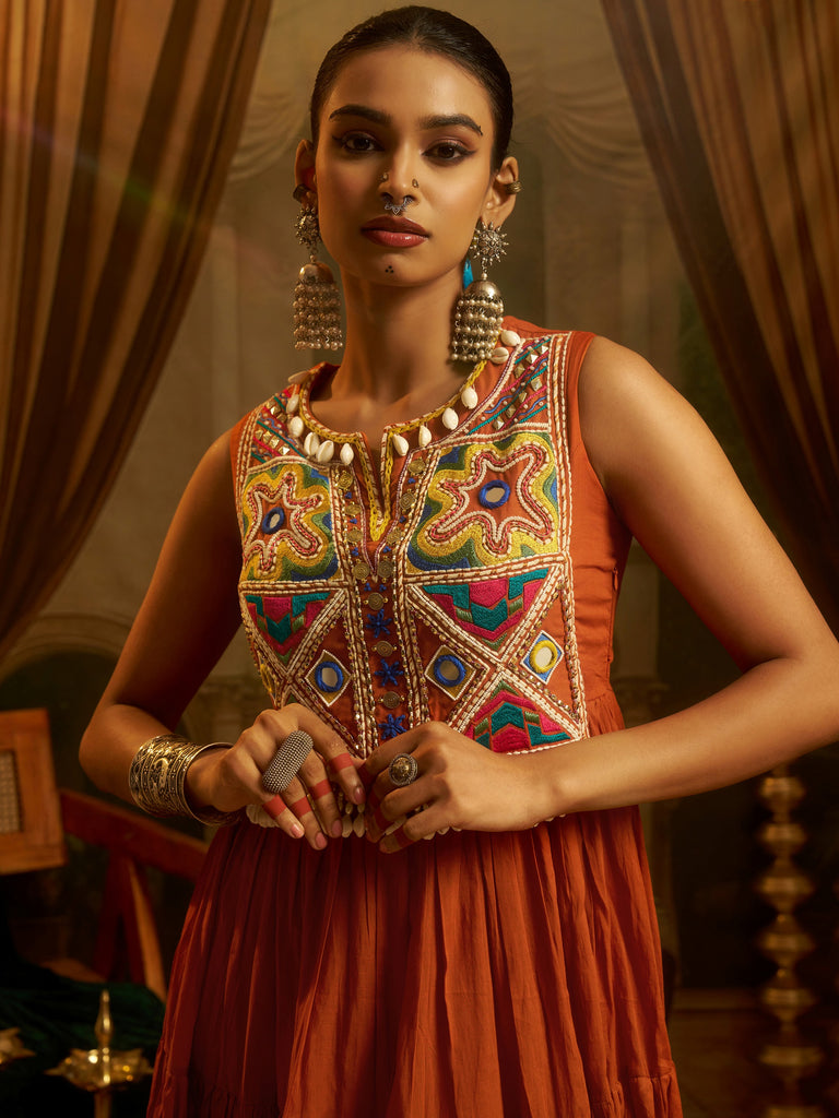 Aesthetic Rust Orange Thread Work Cotton Navratri Wear Gown